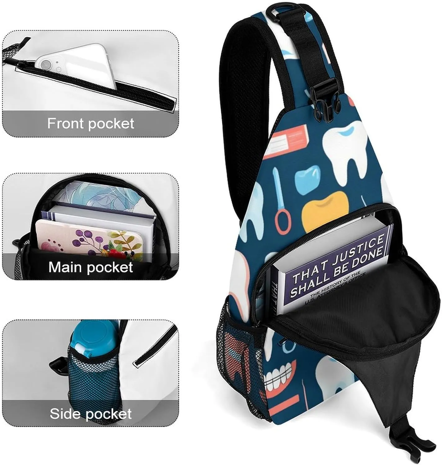 Supdreamc Cute Sling Shoulder Backpack, Backpacking, Teeth Dental Pattern Crossbody Rucksack, Tote Bags, Gym Crossbody Sack Satchel Outdoor Hiking Bag for Man Women Lady