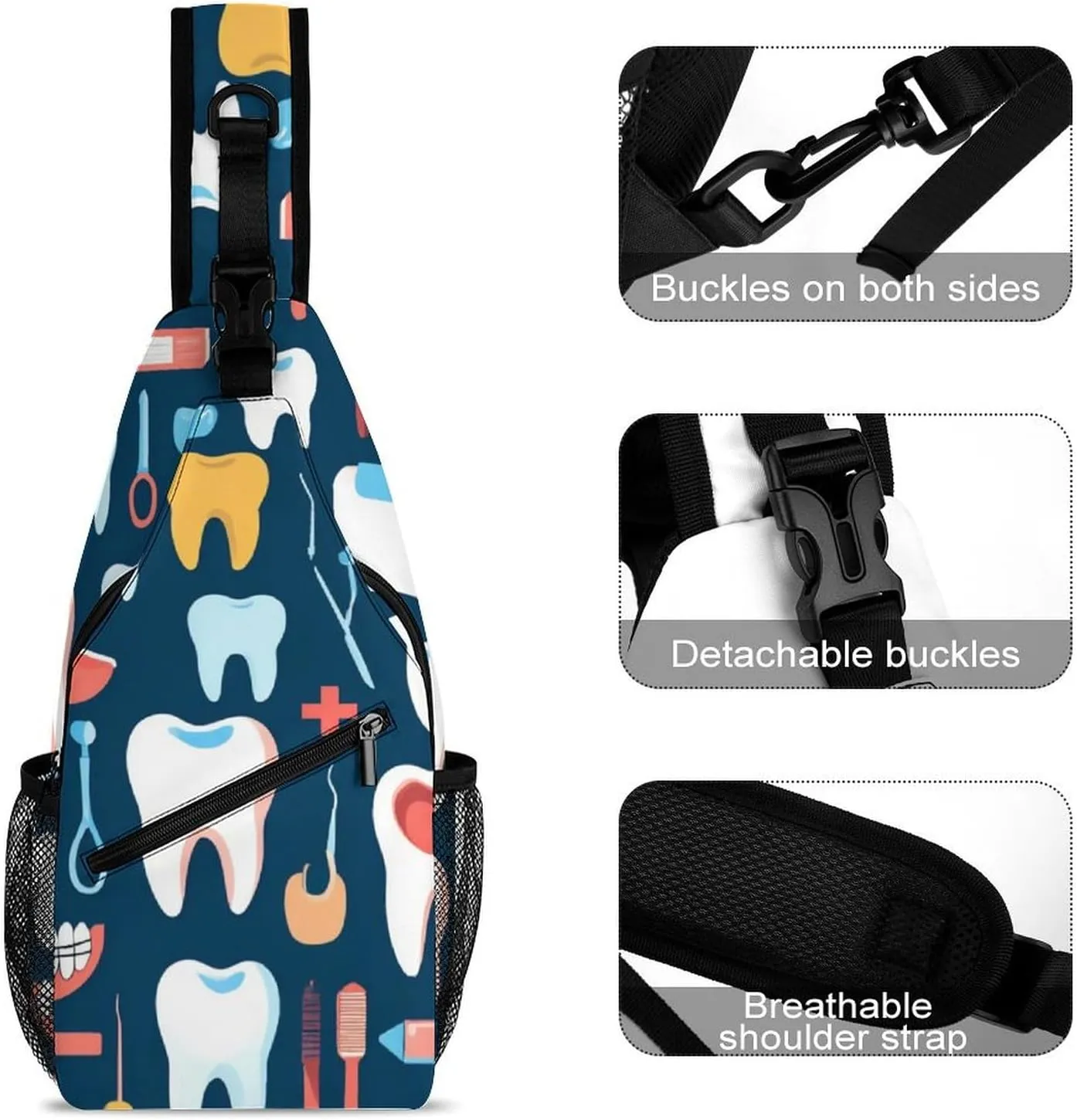 Supdreamc Cute Sling Shoulder Backpack, Backpacking, Teeth Dental Pattern Crossbody Rucksack, Tote Bags, Gym Crossbody Sack Satchel Outdoor Hiking Bag for Man Women Lady