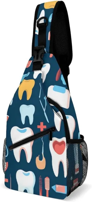 Supdreamc Cute Sling Shoulder Backpack, Backpacking, Teeth Dental Pattern Crossbody Rucksack, Tote Bags, Gym Crossbody Sack Satchel Outdoor Hiking Bag for Man Women Lady
