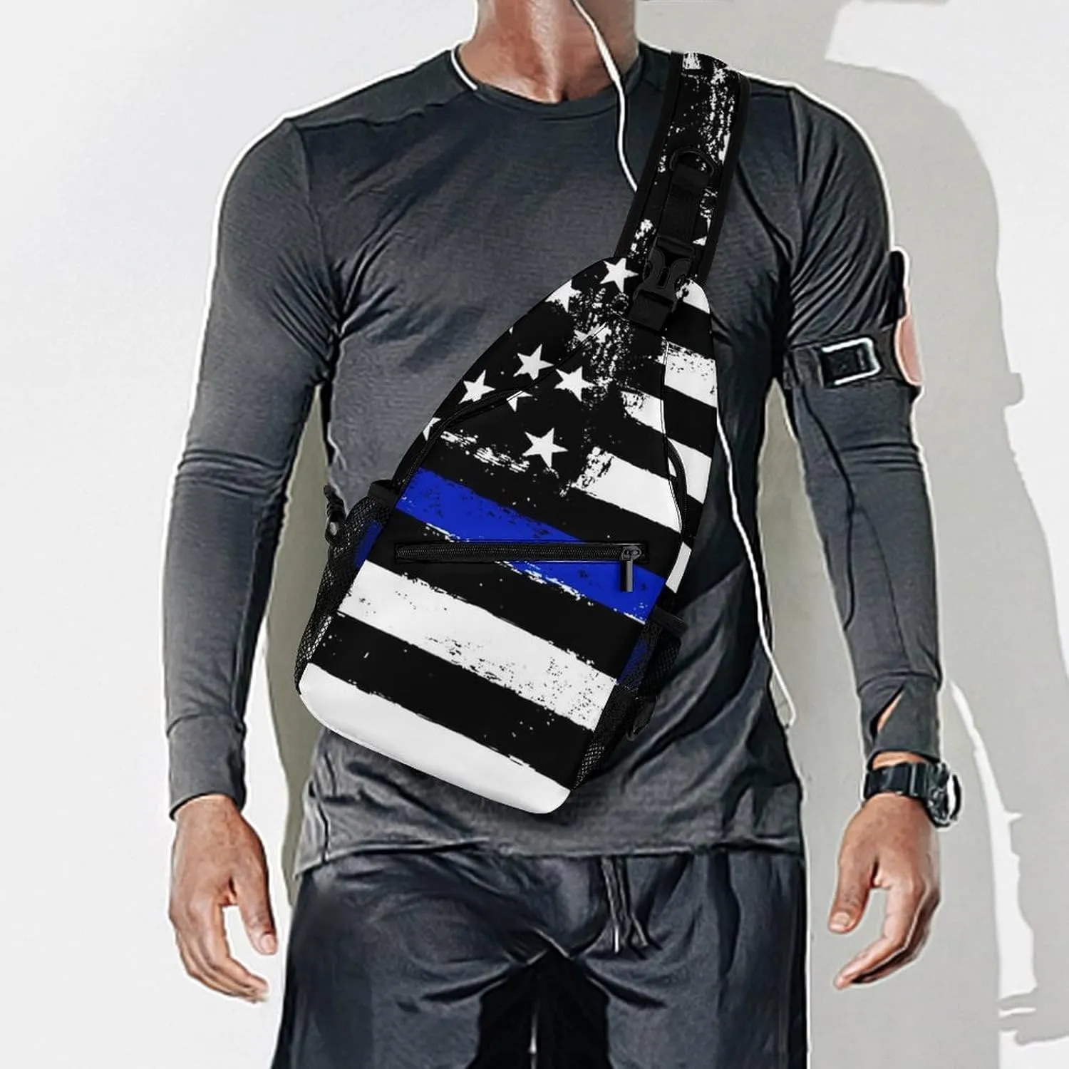 Supdreamc Men & Women Gym Crossbody Sack Satchel Outdoor Hiking Bag, Blue Line Retro Vintage American Flag Police Pattern Black Sling Backpack Bag for Running Hiking Cycling Gym - Unbalance Tote Bags