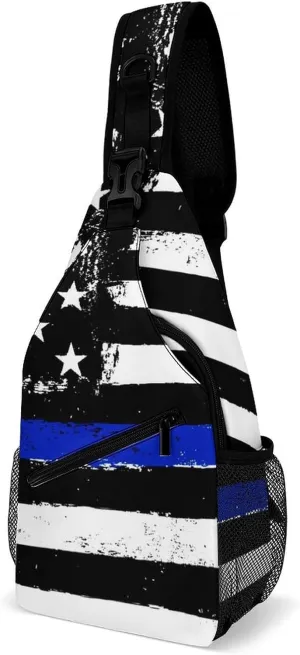Supdreamc Men & Women Gym Crossbody Sack Satchel Outdoor Hiking Bag, Blue Line Retro Vintage American Flag Police Pattern Black Sling Backpack Bag for Running Hiking Cycling Gym - Unbalance Tote Bags