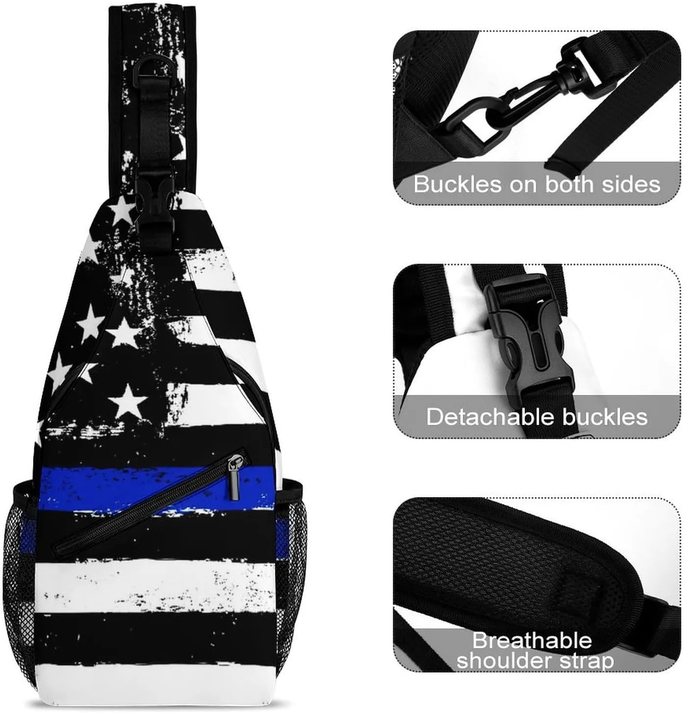 Supdreamc Men & Women Gym Crossbody Sack Satchel Outdoor Hiking Bag, Blue Line Retro Vintage American Flag Police Pattern Black Sling Backpack Bag for Running Hiking Cycling Gym - Unbalance Tote Bags