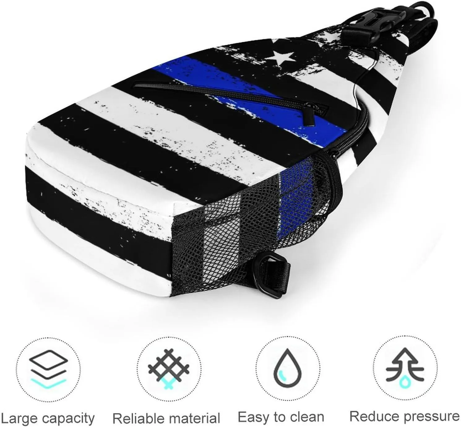 Supdreamc Men & Women Gym Crossbody Sack Satchel Outdoor Hiking Bag, Blue Line Retro Vintage American Flag Police Pattern Black Sling Backpack Bag for Running Hiking Cycling Gym - Unbalance Tote Bags