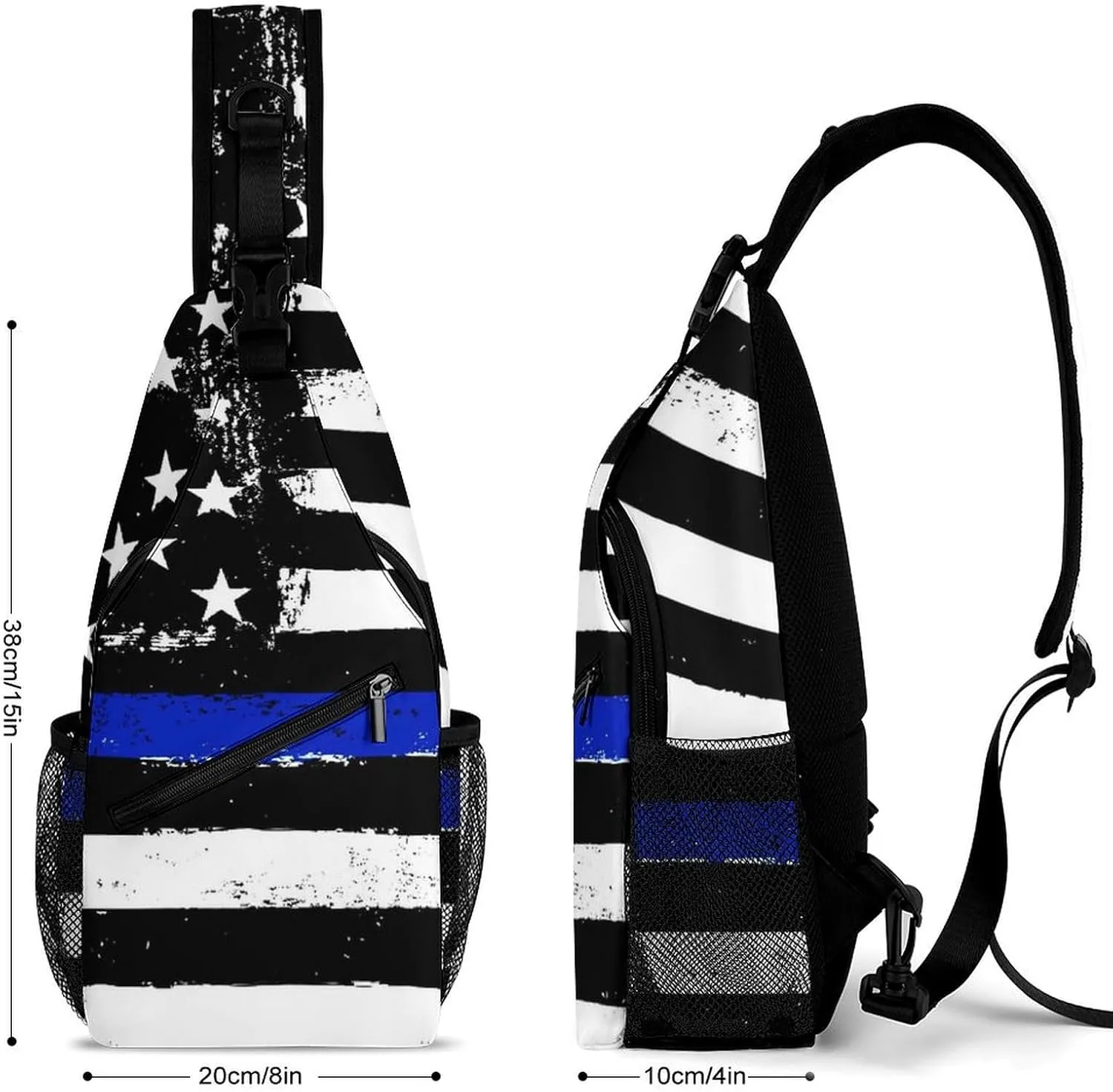 Supdreamc Men & Women Gym Crossbody Sack Satchel Outdoor Hiking Bag, Blue Line Retro Vintage American Flag Police Pattern Black Sling Backpack Bag for Running Hiking Cycling Gym - Unbalance Tote Bags