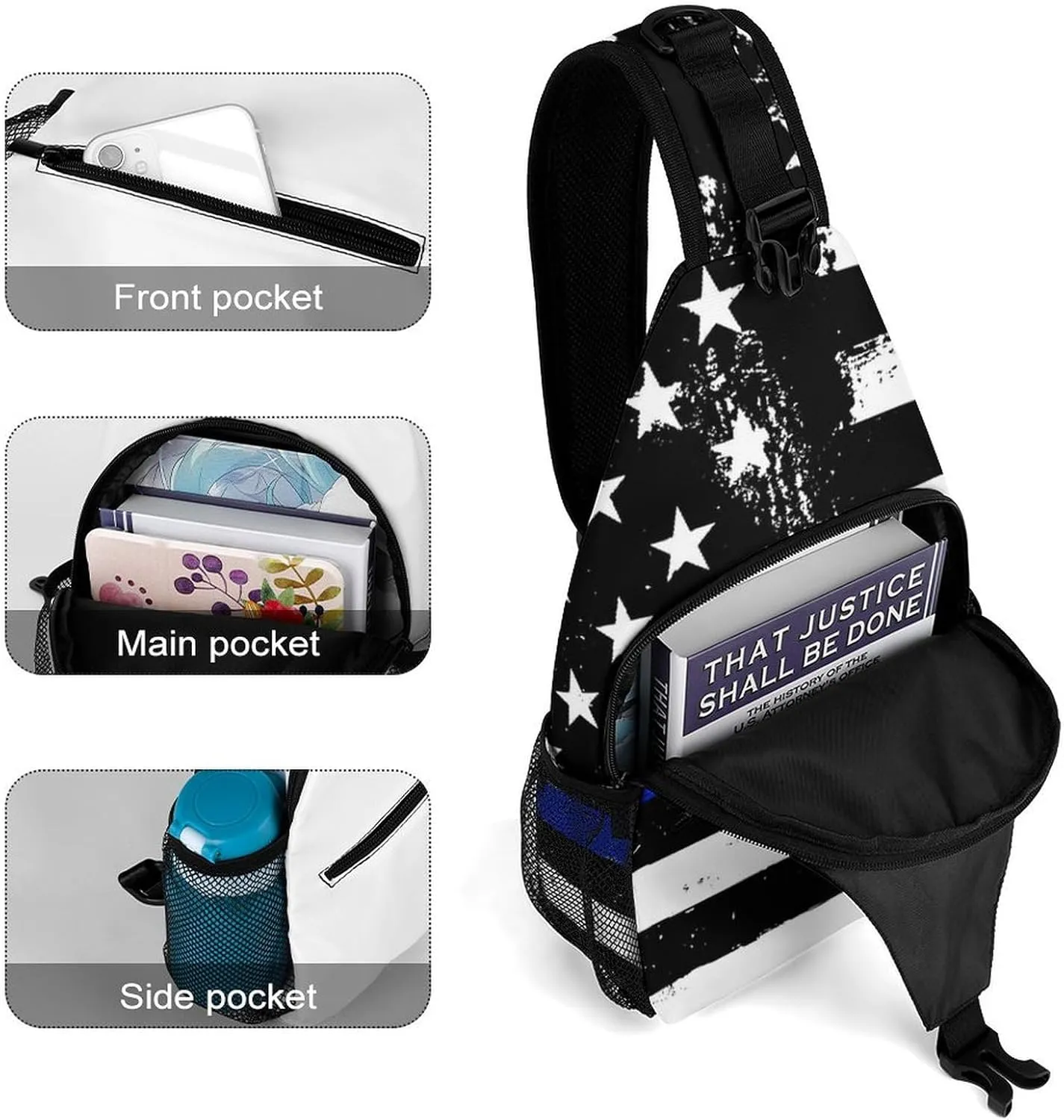 Supdreamc Men & Women Gym Crossbody Sack Satchel Outdoor Hiking Bag, Blue Line Retro Vintage American Flag Police Pattern Black Sling Backpack Bag for Running Hiking Cycling Gym - Unbalance Tote Bags
