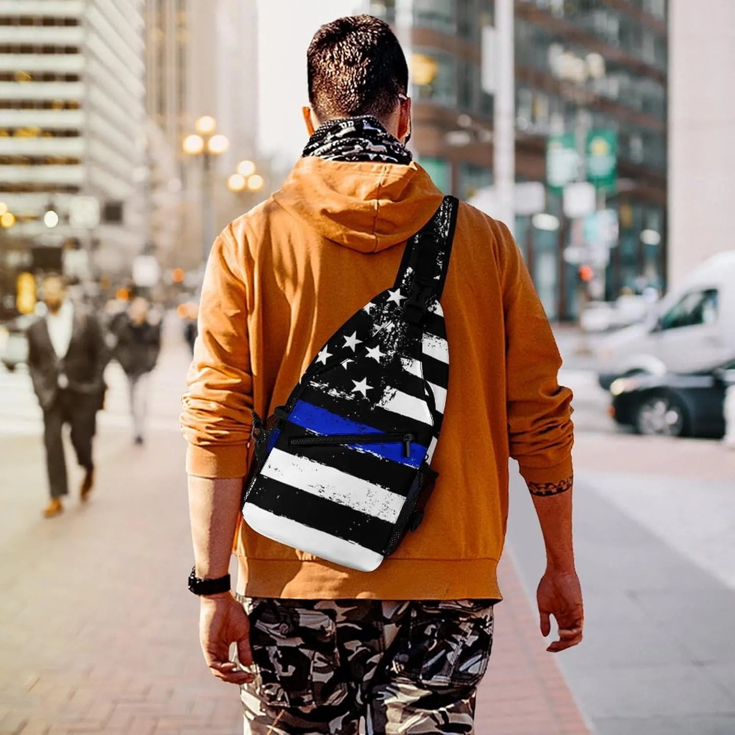 Supdreamc Men & Women Gym Crossbody Sack Satchel Outdoor Hiking Bag, Blue Line Retro Vintage American Flag Police Pattern Black Sling Backpack Bag for Running Hiking Cycling Gym - Unbalance Tote Bags