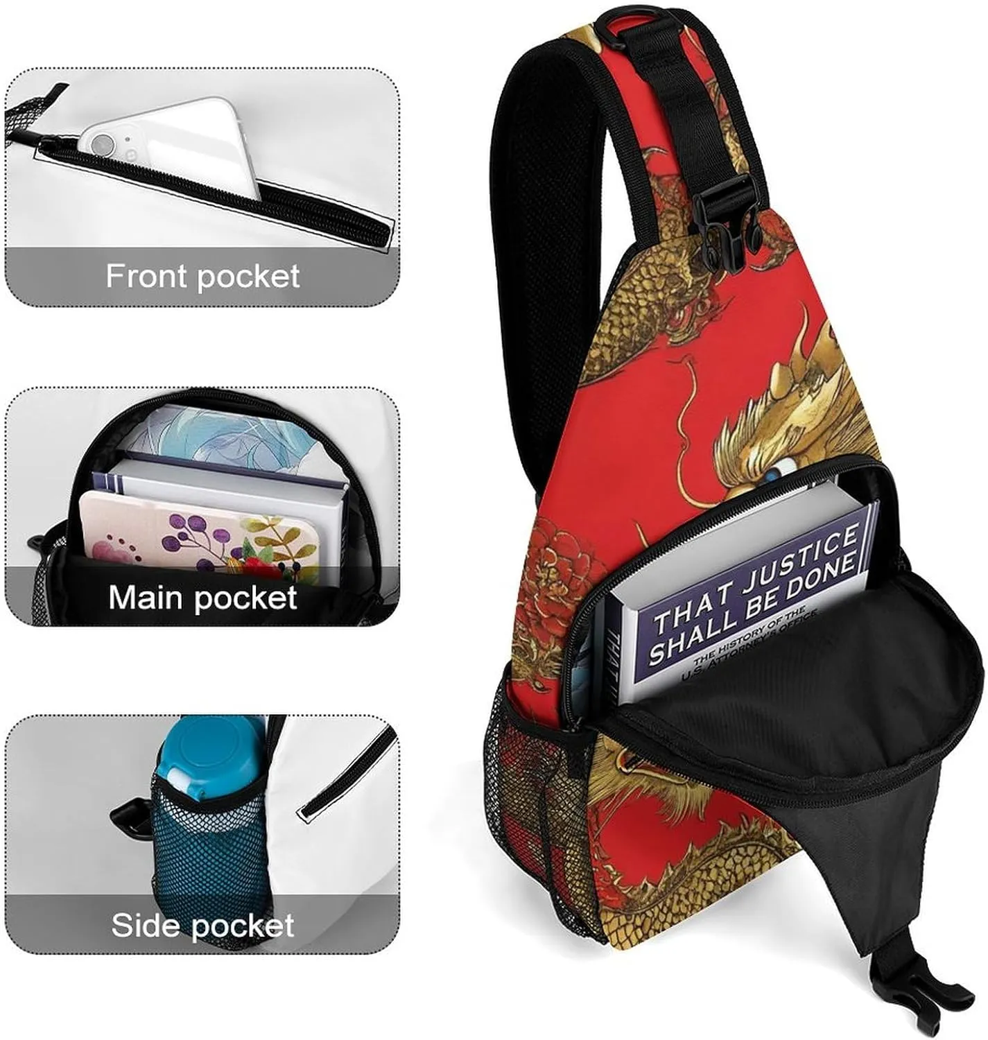 Supdreamc Men & Women Red Chinese Dragons Floral Sling Bag Backpack Outdoor Sport Daypack Travel Bag - Multipurpose Anti-Theft Tactical Satchel, Unbalance Chest Bag Rucksack