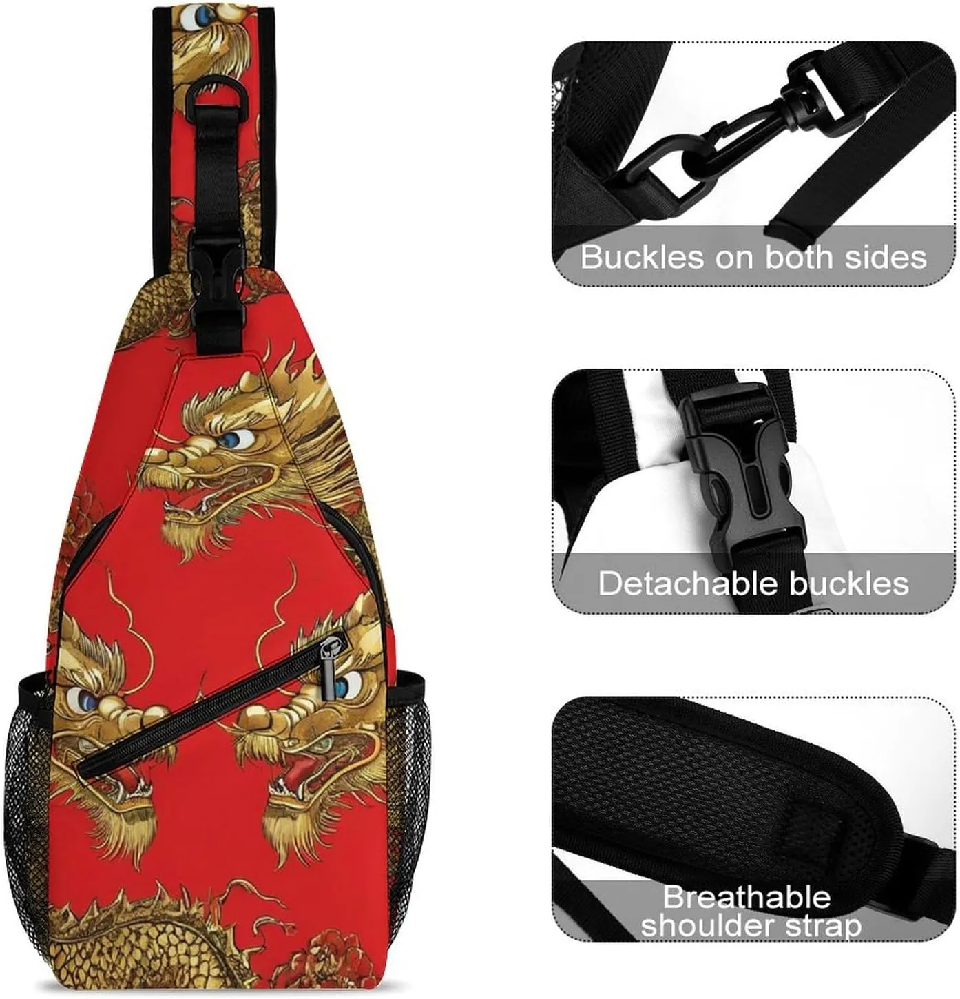 Supdreamc Men & Women Red Chinese Dragons Floral Sling Bag Backpack Outdoor Sport Daypack Travel Bag - Multipurpose Anti-Theft Tactical Satchel, Unbalance Chest Bag Rucksack