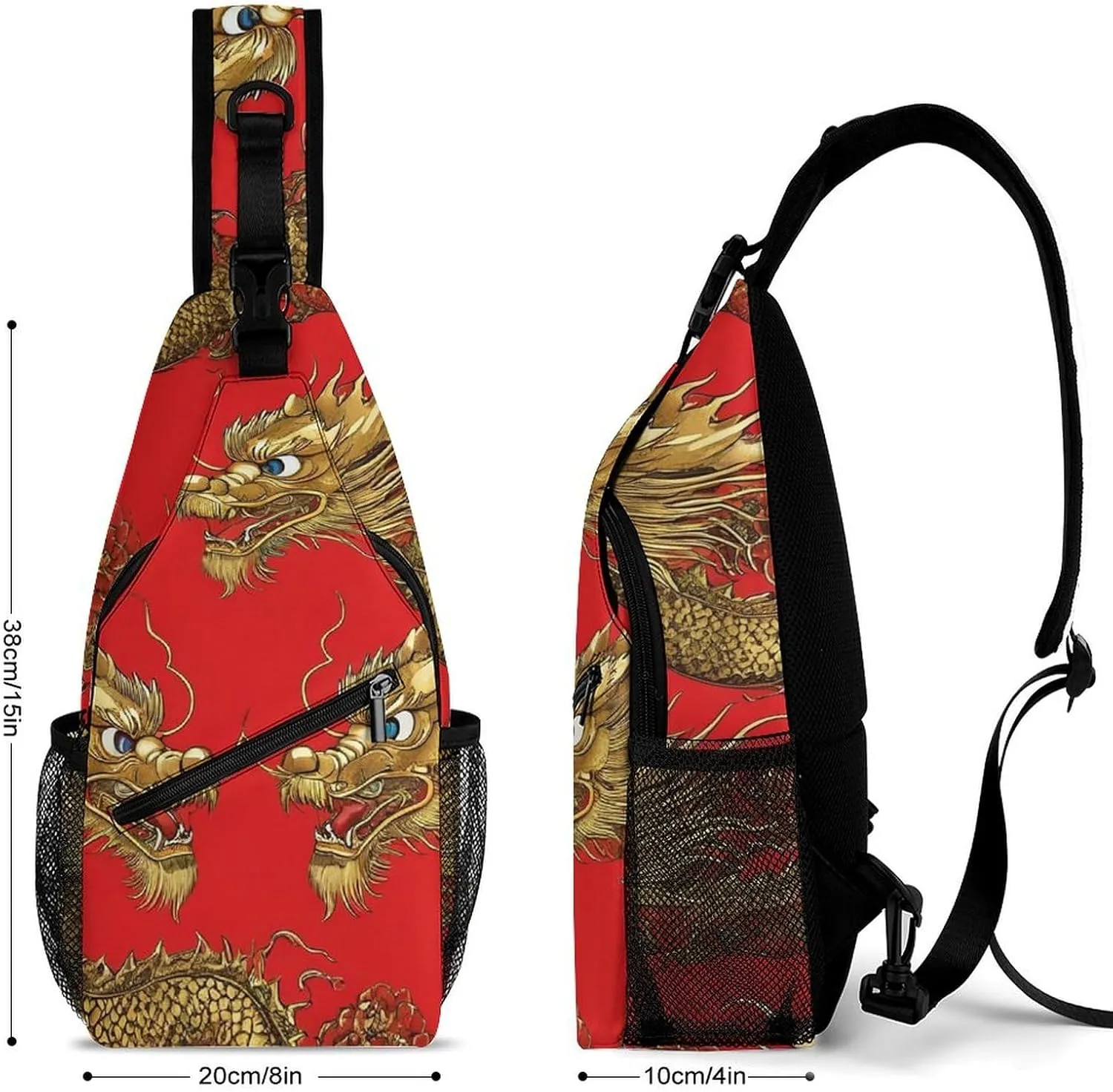 Supdreamc Men & Women Red Chinese Dragons Floral Sling Bag Backpack Outdoor Sport Daypack Travel Bag - Multipurpose Anti-Theft Tactical Satchel, Unbalance Chest Bag Rucksack