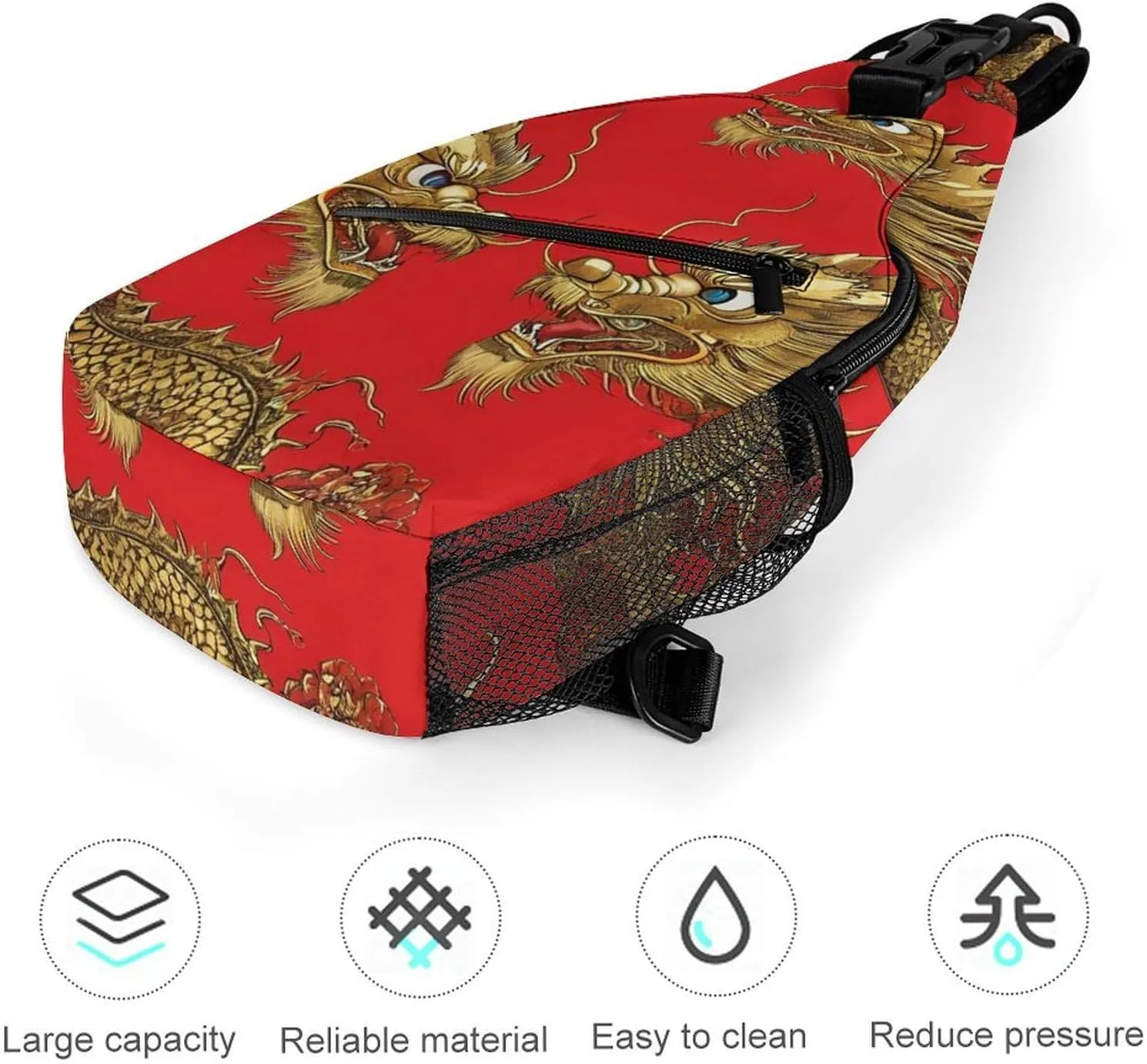 Supdreamc Men & Women Red Chinese Dragons Floral Sling Bag Backpack Outdoor Sport Daypack Travel Bag - Multipurpose Anti-Theft Tactical Satchel, Unbalance Chest Bag Rucksack