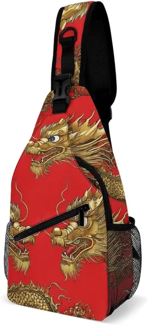 Supdreamc Men & Women Red Chinese Dragons Floral Sling Bag Backpack Outdoor Sport Daypack Travel Bag - Multipurpose Anti-Theft Tactical Satchel, Unbalance Chest Bag Rucksack