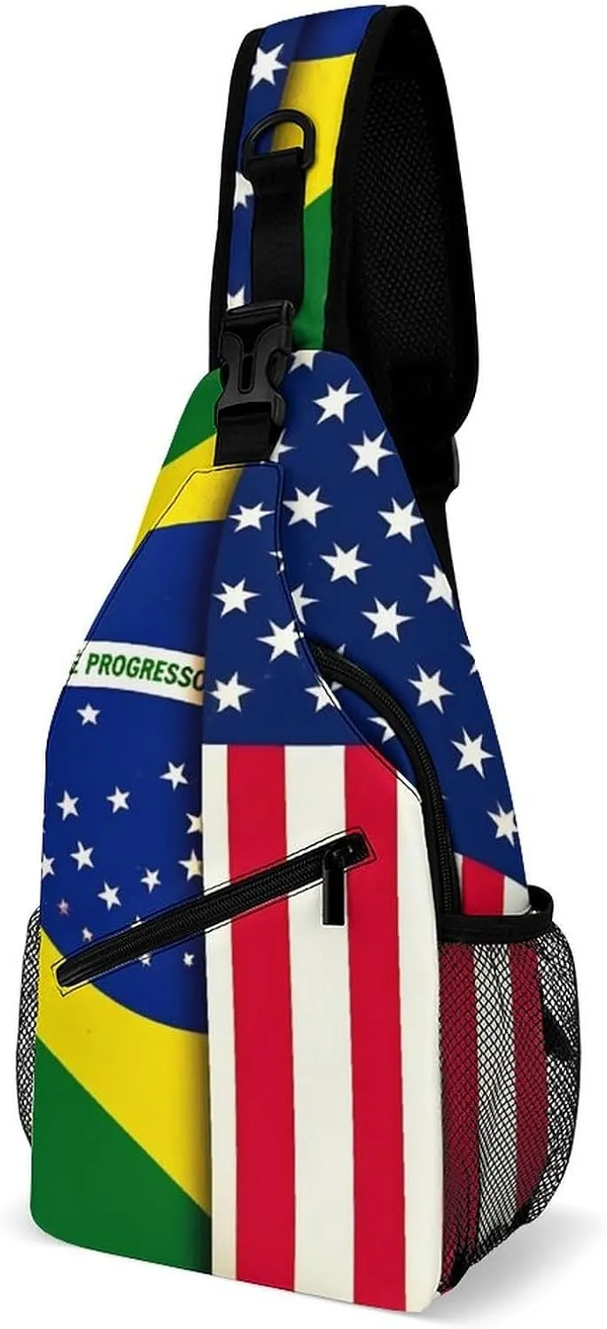 Supdreamc Men & Women Sling Shoulder Backpack Casual Carrying Tote Case Crossbody Travel Bag - Anti-Theft Multipurpose Carry On Bag, Brazil And Usa American Grunge Flag Crossbody Bag