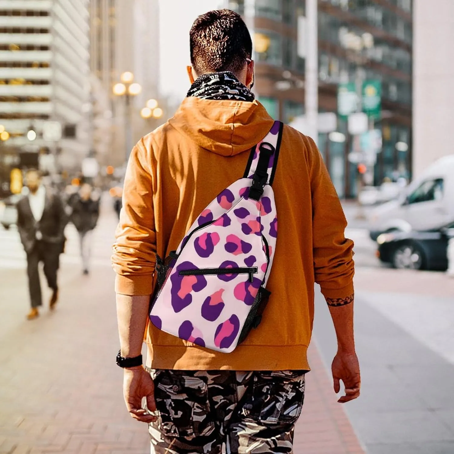 Supdreamc Men Sling Shoulder Backpack Foldable Handy Shoulder Chest Crossbody Bag - Cheetah Leopard Print Floral Pink Anti-Theft Rucksack Messenger Bag With Adjustable Shoulder Strap