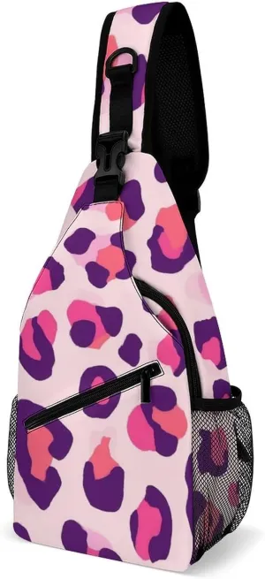 Supdreamc Men Sling Shoulder Backpack Foldable Handy Shoulder Chest Crossbody Bag - Cheetah Leopard Print Floral Pink Anti-Theft Rucksack Messenger Bag With Adjustable Shoulder Strap
