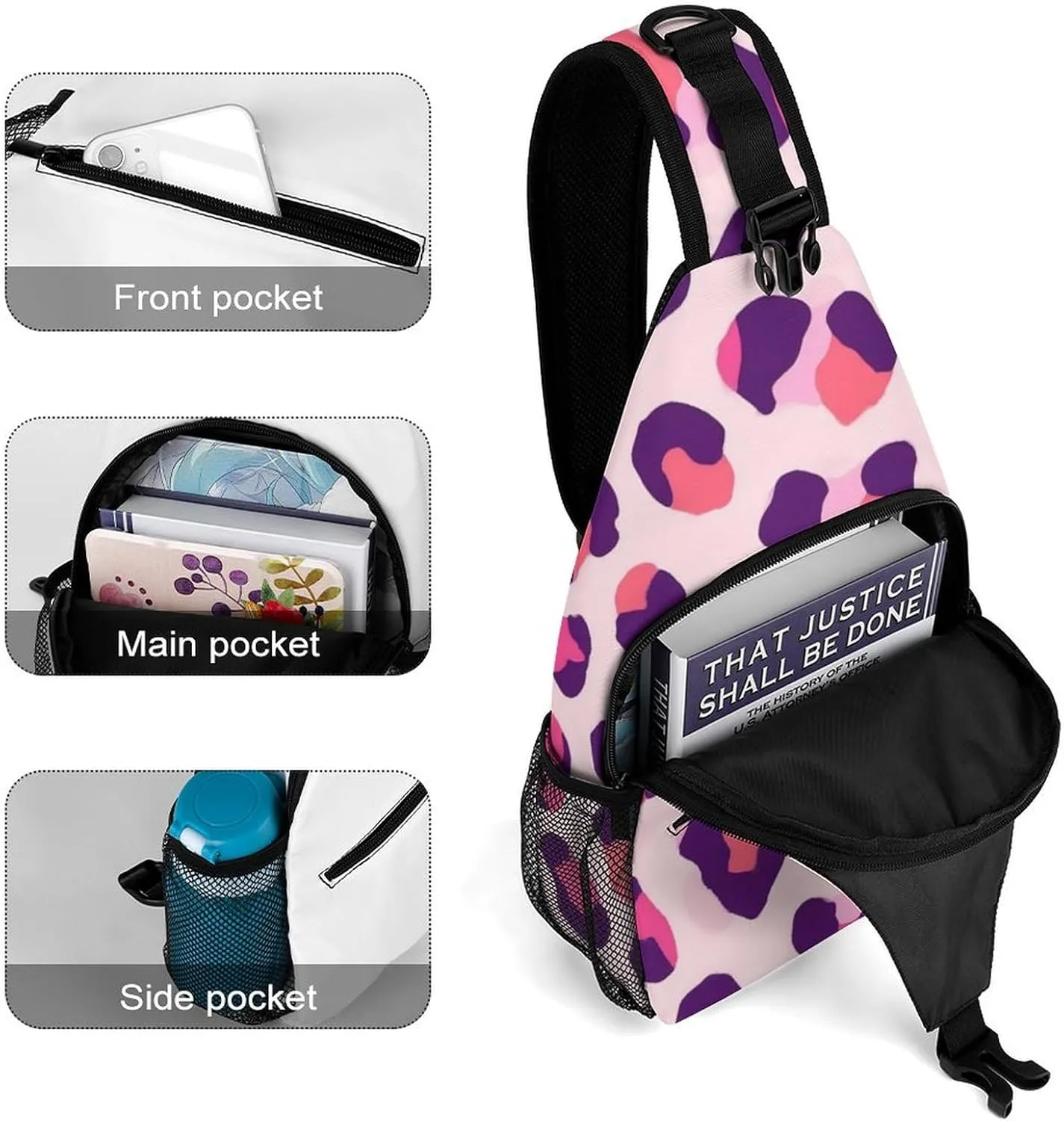 Supdreamc Men Sling Shoulder Backpack Foldable Handy Shoulder Chest Crossbody Bag - Cheetah Leopard Print Floral Pink Anti-Theft Rucksack Messenger Bag With Adjustable Shoulder Strap