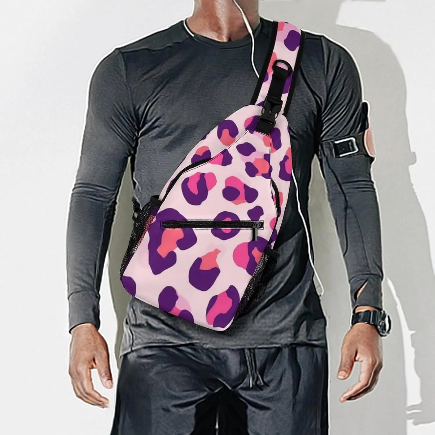 Supdreamc Men Sling Shoulder Backpack Foldable Handy Shoulder Chest Crossbody Bag - Cheetah Leopard Print Floral Pink Anti-Theft Rucksack Messenger Bag With Adjustable Shoulder Strap