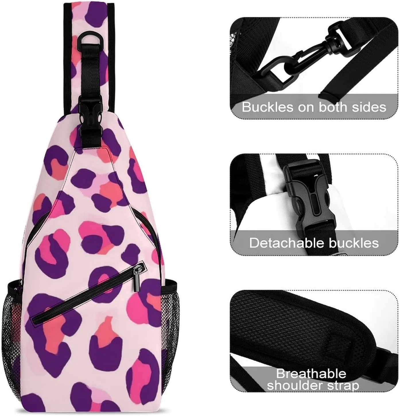 Supdreamc Men Sling Shoulder Backpack Foldable Handy Shoulder Chest Crossbody Bag - Cheetah Leopard Print Floral Pink Anti-Theft Rucksack Messenger Bag With Adjustable Shoulder Strap