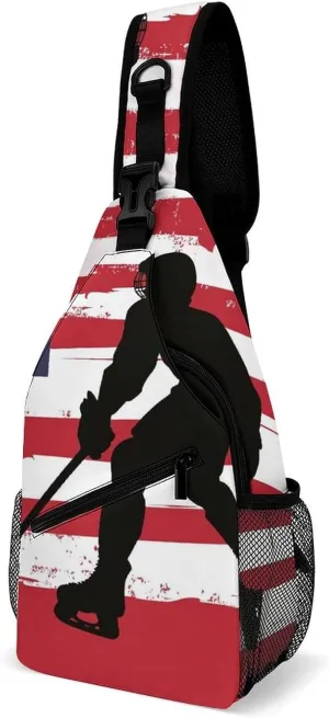 Supdreamc Men's Sling Backpack Packable Unbalance Shoulder Crossbody Bag Chest Pack - American Hockey Flag Art Multipurpose Anti-Theft Backpacking Bag With Adjustable Shoulder Strap