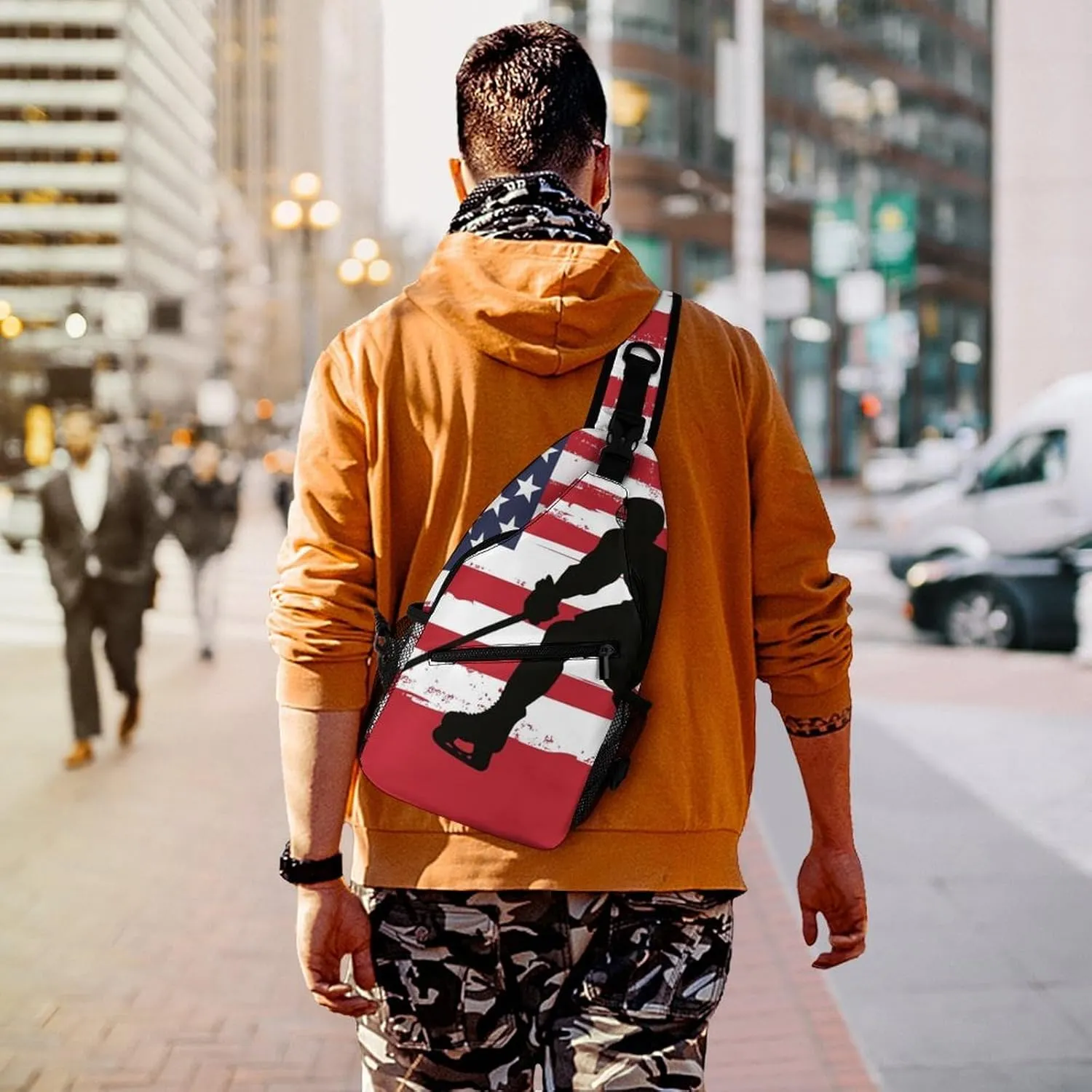 Supdreamc Men's Sling Backpack Packable Unbalance Shoulder Crossbody Bag Chest Pack - American Hockey Flag Art Multipurpose Anti-Theft Backpacking Bag With Adjustable Shoulder Strap