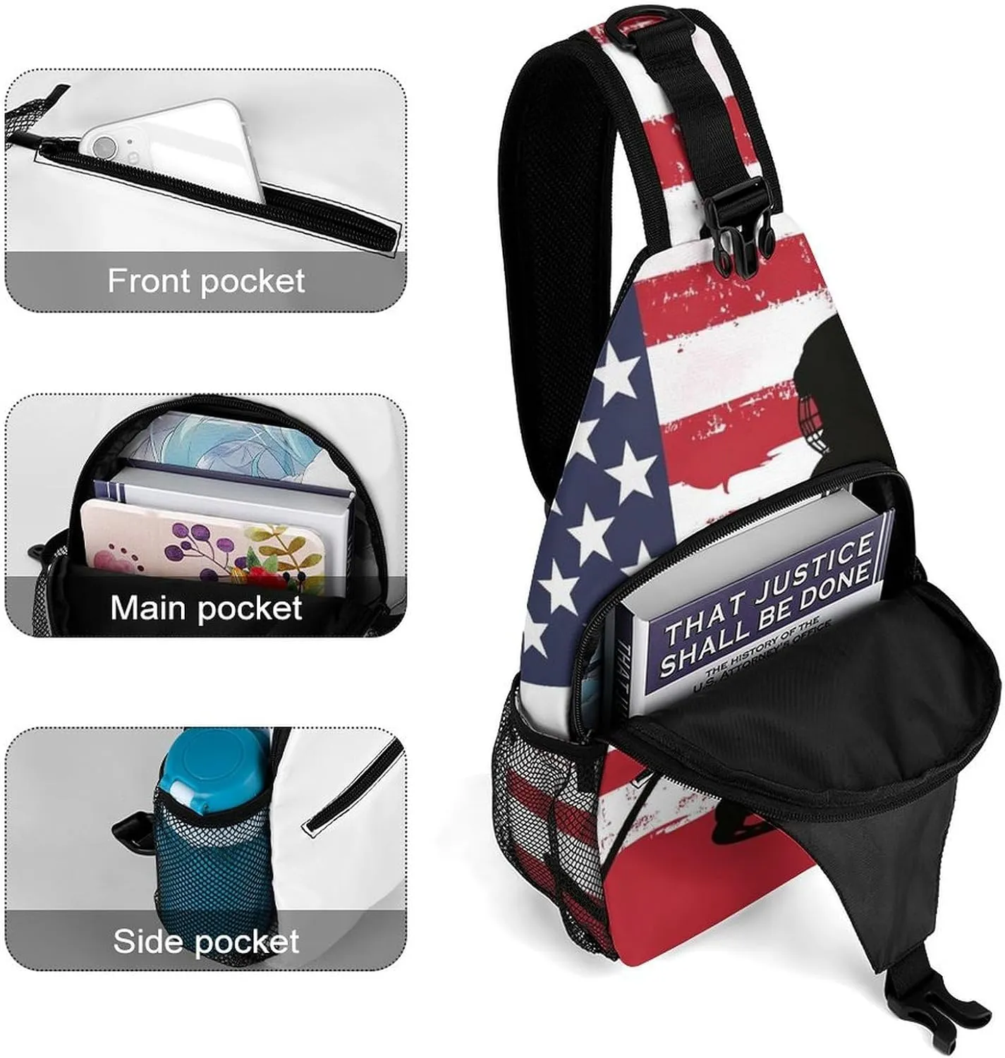 Supdreamc Men's Sling Backpack Packable Unbalance Shoulder Crossbody Bag Chest Pack - American Hockey Flag Art Multipurpose Anti-Theft Backpacking Bag With Adjustable Shoulder Strap