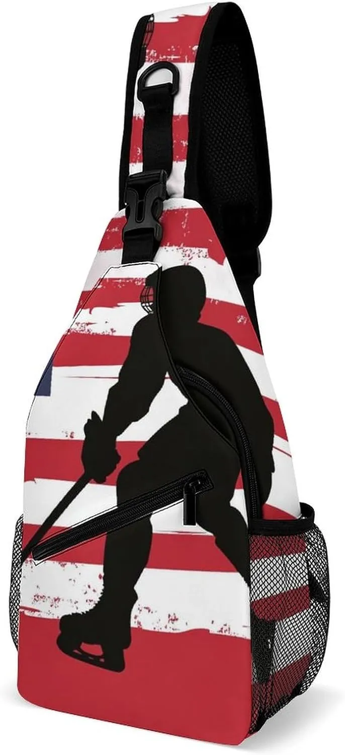 Supdreamc Men's Sling Backpack Packable Unbalance Shoulder Crossbody Bag Chest Pack - American Hockey Flag Art Multipurpose Anti-Theft Backpacking Bag With Adjustable Shoulder Strap