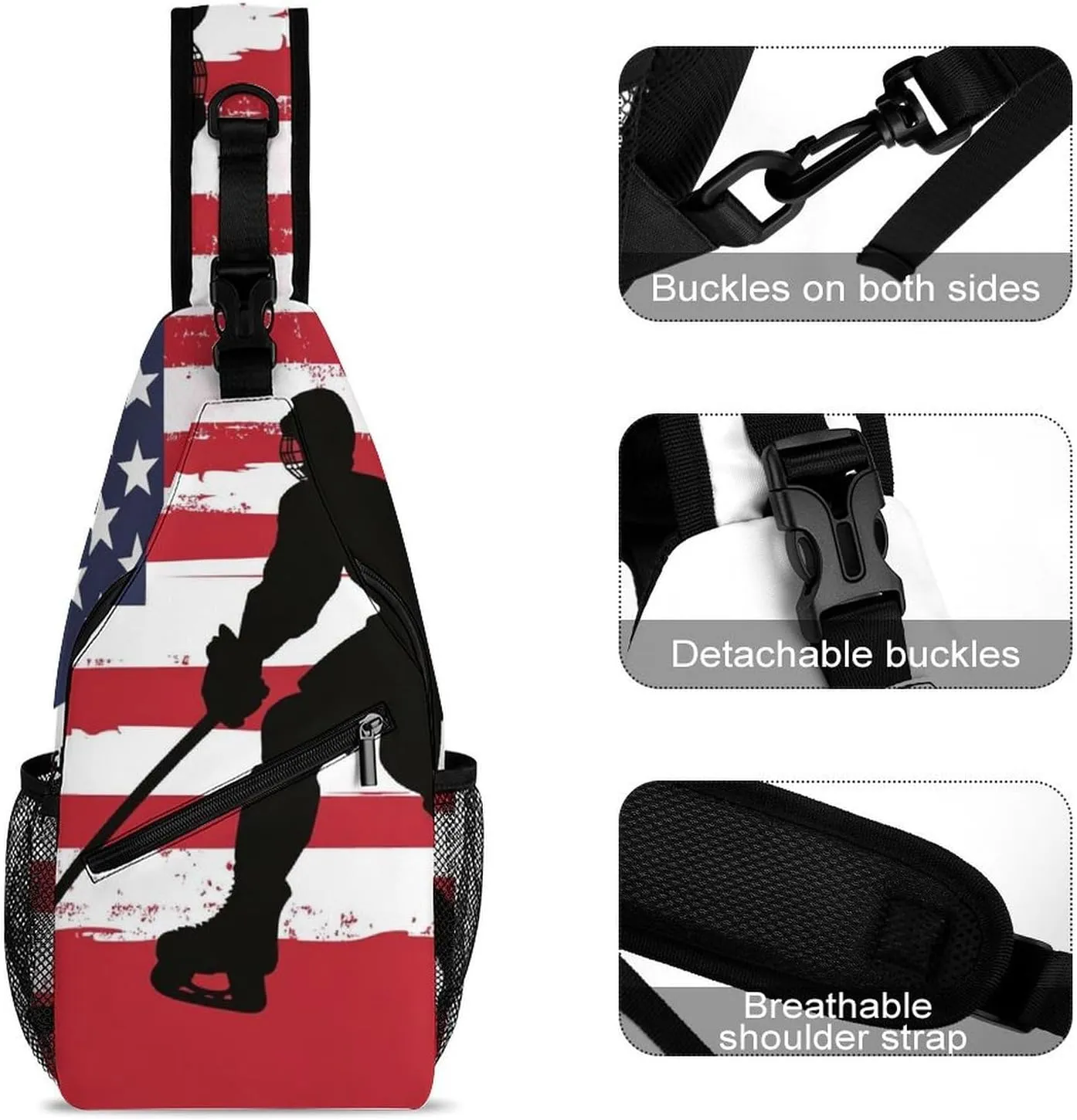 Supdreamc Men's Sling Backpack Packable Unbalance Shoulder Crossbody Bag Chest Pack - American Hockey Flag Art Multipurpose Anti-Theft Backpacking Bag With Adjustable Shoulder Strap
