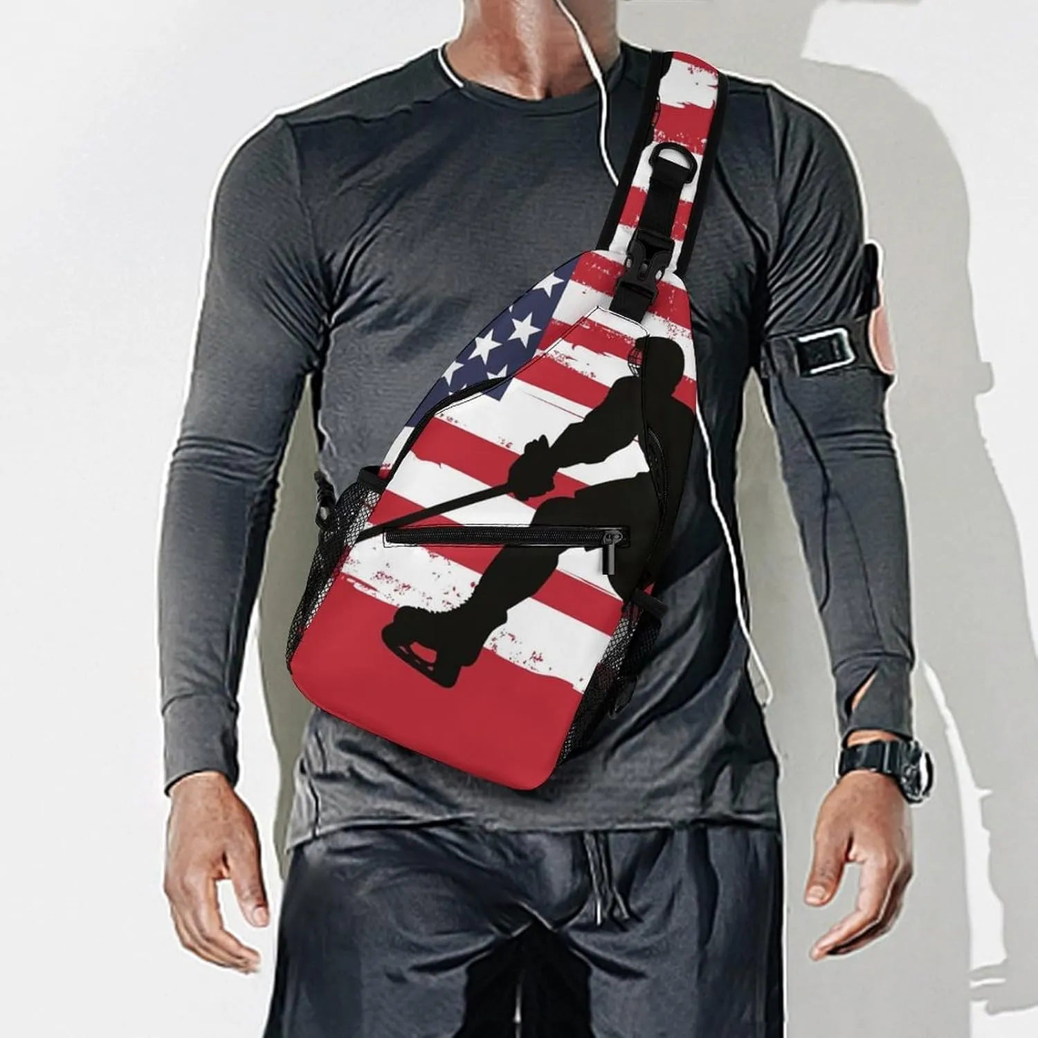 Supdreamc Men's Sling Backpack Packable Unbalance Shoulder Crossbody Bag Chest Pack - American Hockey Flag Art Multipurpose Anti-Theft Backpacking Bag With Adjustable Shoulder Strap