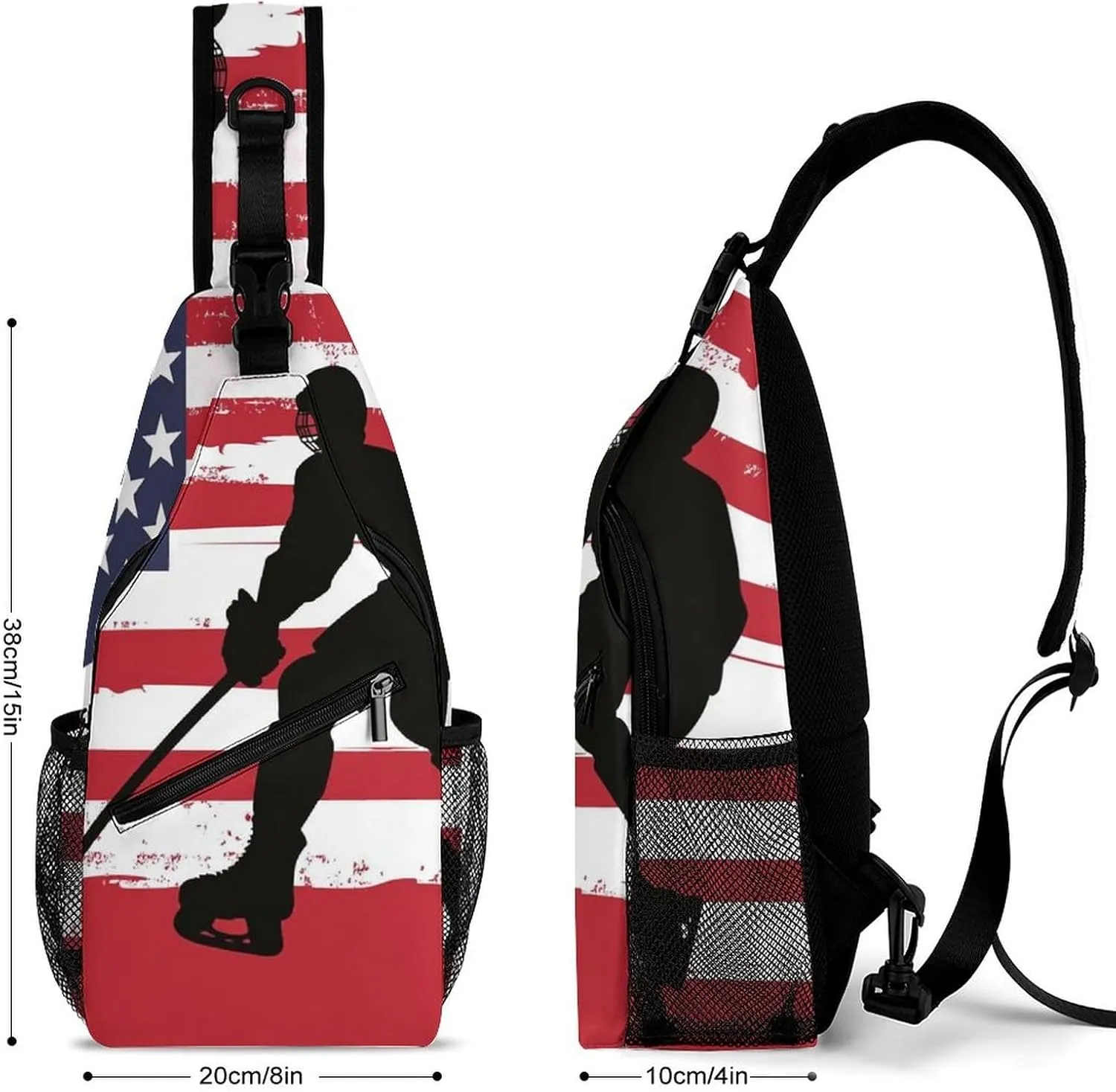 Supdreamc Men's Sling Backpack Packable Unbalance Shoulder Crossbody Bag Chest Pack - American Hockey Flag Art Multipurpose Anti-Theft Backpacking Bag With Adjustable Shoulder Strap