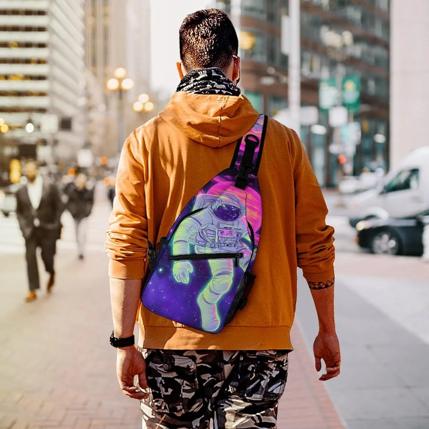 Supdreamc Men's Sling Backpack Packable Unbalance Shoulder Crossbody Bag Chest Pack - Purple Galaxy Trippy Space Astronaut Art Multipurpose Anti-Theft Backpacking Bag With Adjustable Shoulder Strap