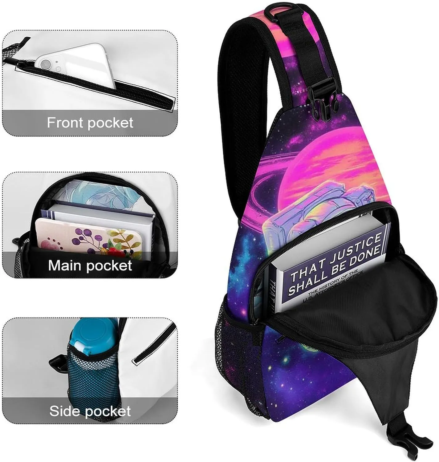Supdreamc Men's Sling Backpack Packable Unbalance Shoulder Crossbody Bag Chest Pack - Purple Galaxy Trippy Space Astronaut Art Multipurpose Anti-Theft Backpacking Bag With Adjustable Shoulder Strap
