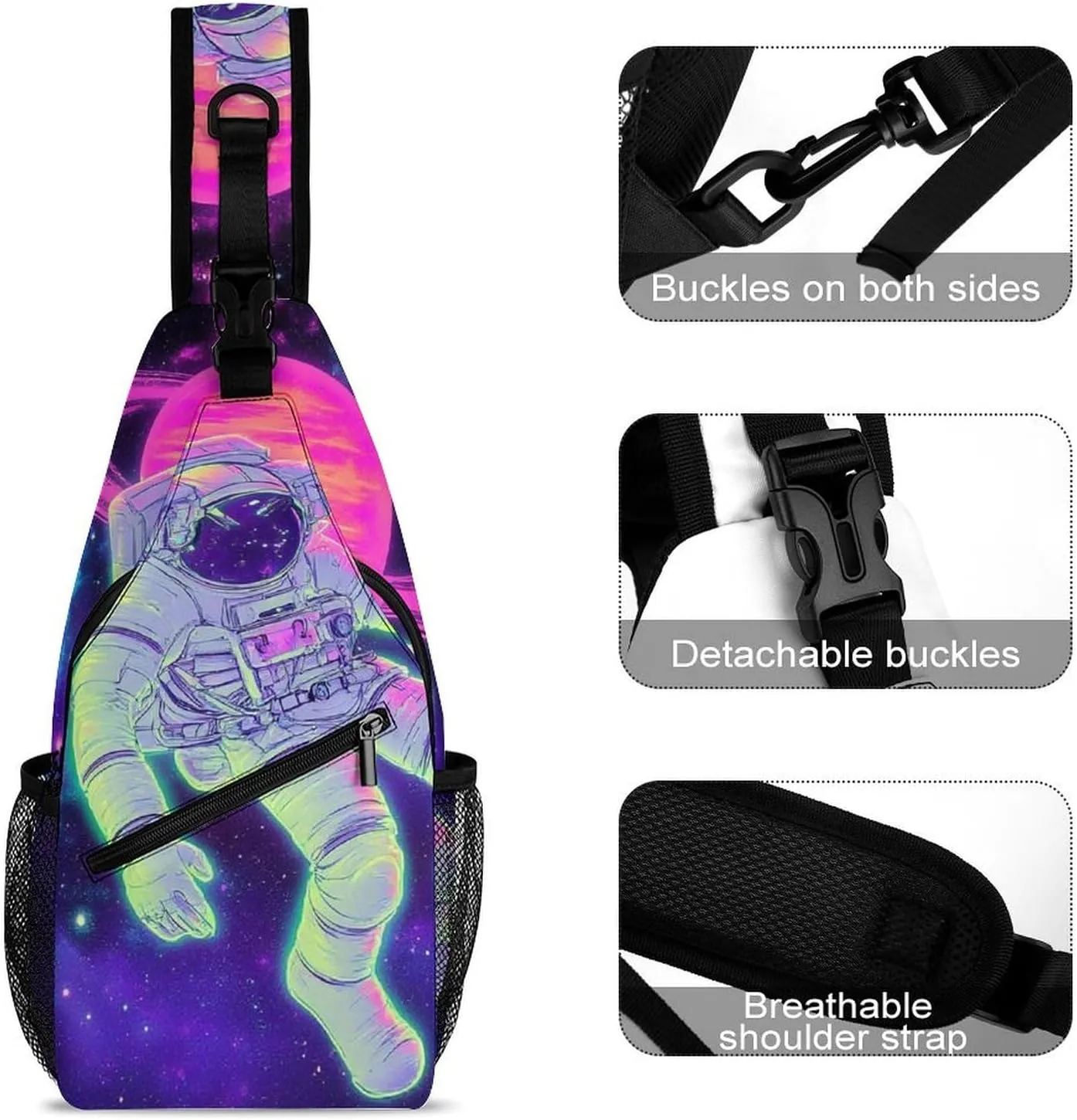 Supdreamc Men's Sling Backpack Packable Unbalance Shoulder Crossbody Bag Chest Pack - Purple Galaxy Trippy Space Astronaut Art Multipurpose Anti-Theft Backpacking Bag With Adjustable Shoulder Strap