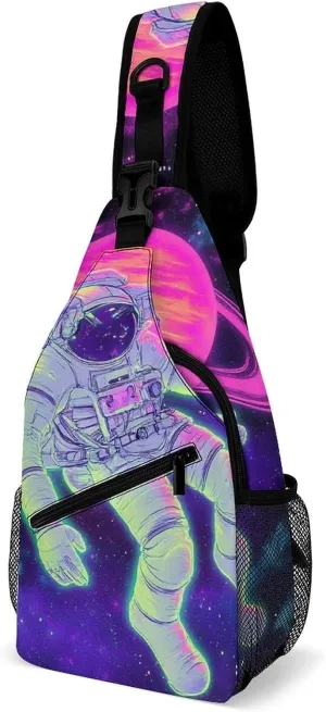 Supdreamc Men's Sling Backpack Packable Unbalance Shoulder Crossbody Bag Chest Pack - Purple Galaxy Trippy Space Astronaut Art Multipurpose Anti-Theft Backpacking Bag With Adjustable Shoulder Strap
