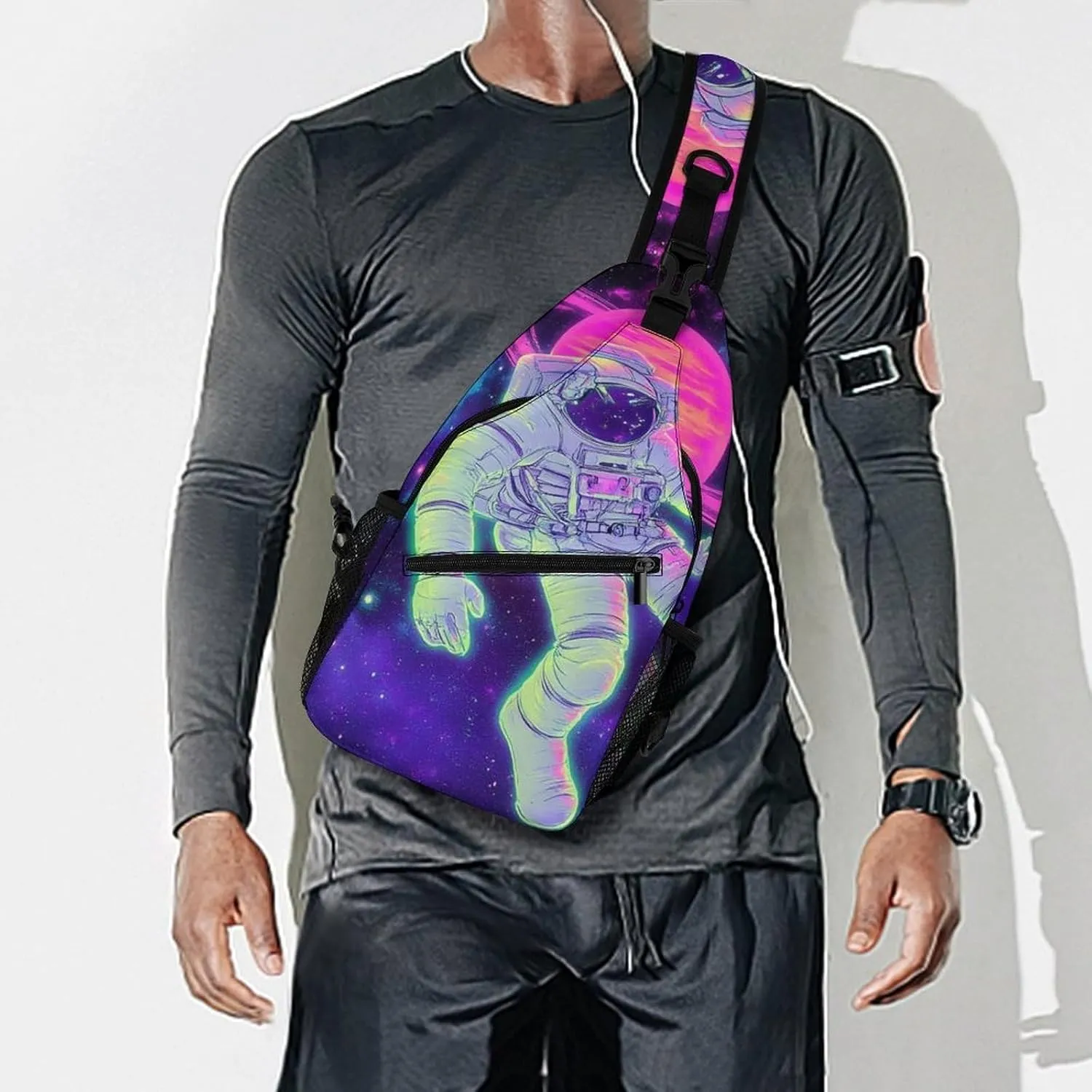 Supdreamc Men's Sling Backpack Packable Unbalance Shoulder Crossbody Bag Chest Pack - Purple Galaxy Trippy Space Astronaut Art Multipurpose Anti-Theft Backpacking Bag With Adjustable Shoulder Strap