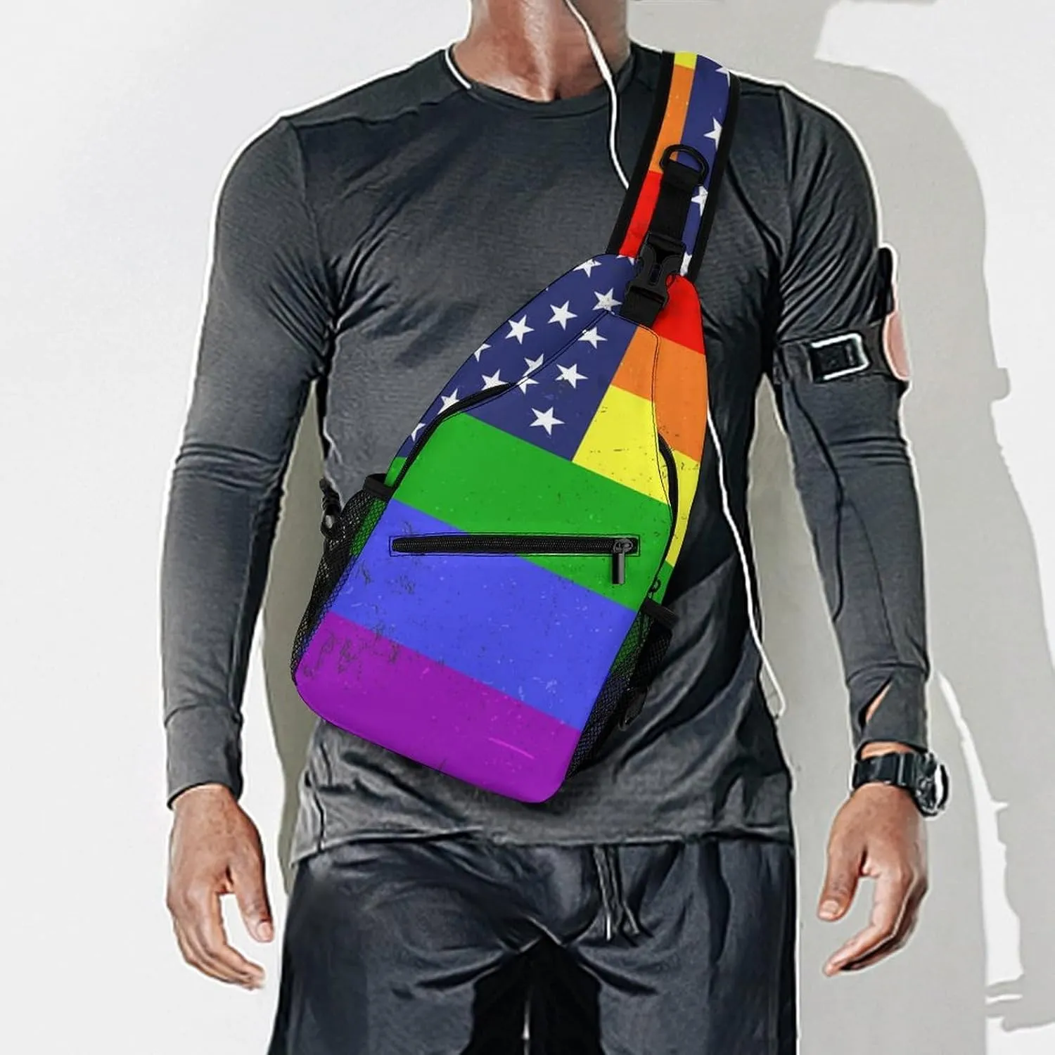 Supdreamc Men's Sling Backpack Packable Unbalance Shoulder Crossbody Bag Chest Pack - Us Rainbow Love Lgbt Pride American Flag Multipurpose Anti-Theft Backpacking Bag With Adjustable Shoulder Strap