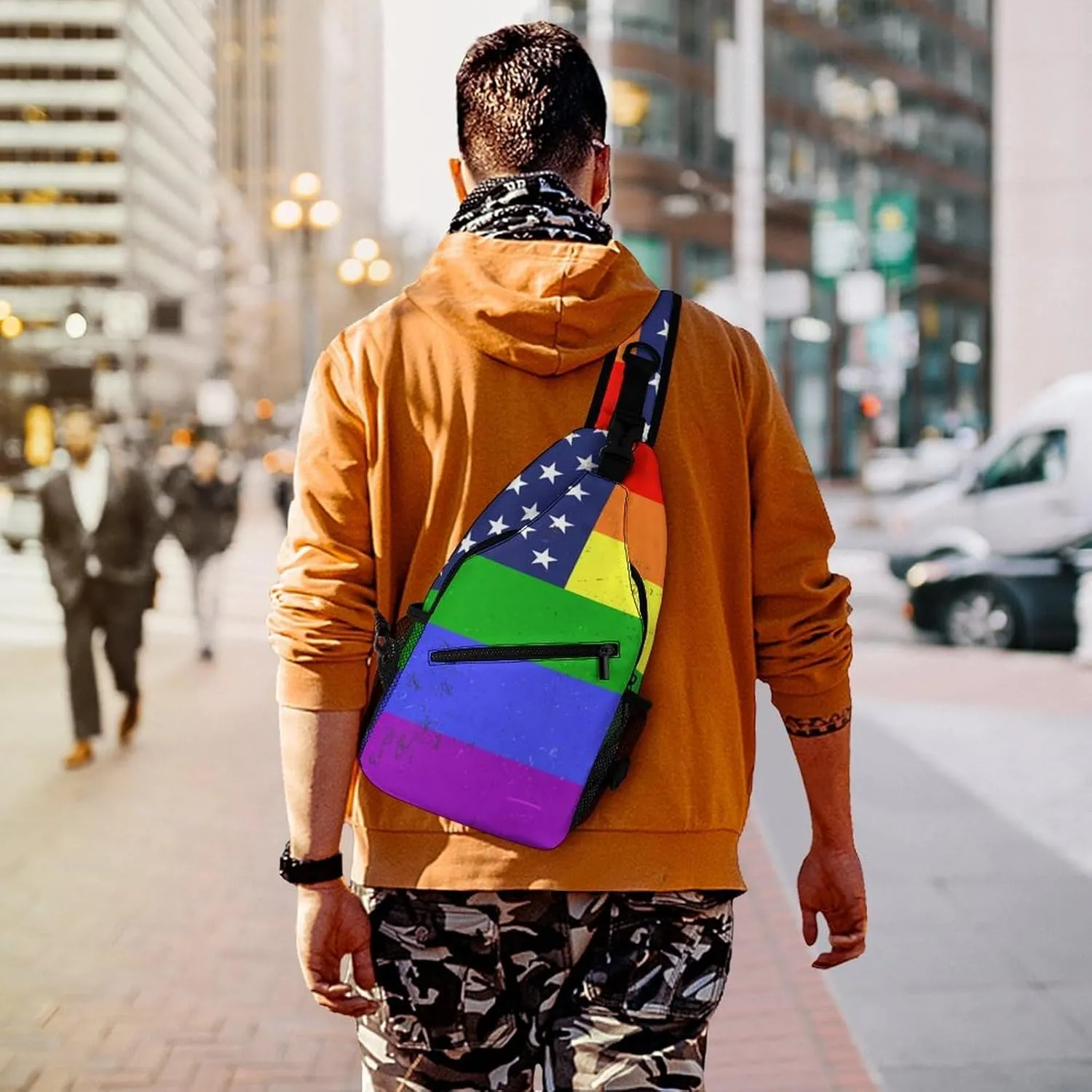 Supdreamc Men's Sling Backpack Packable Unbalance Shoulder Crossbody Bag Chest Pack - Us Rainbow Love Lgbt Pride American Flag Multipurpose Anti-Theft Backpacking Bag With Adjustable Shoulder Strap