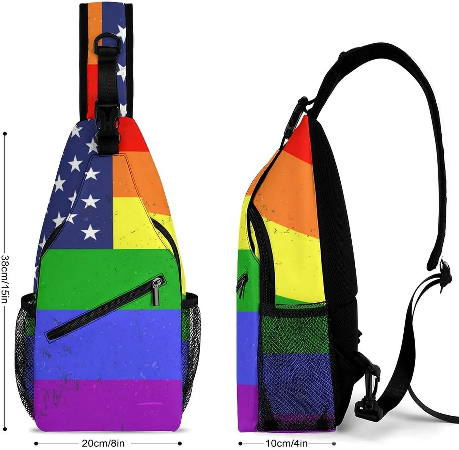 Supdreamc Men's Sling Backpack Packable Unbalance Shoulder Crossbody Bag Chest Pack - Us Rainbow Love Lgbt Pride American Flag Multipurpose Anti-Theft Backpacking Bag With Adjustable Shoulder Strap