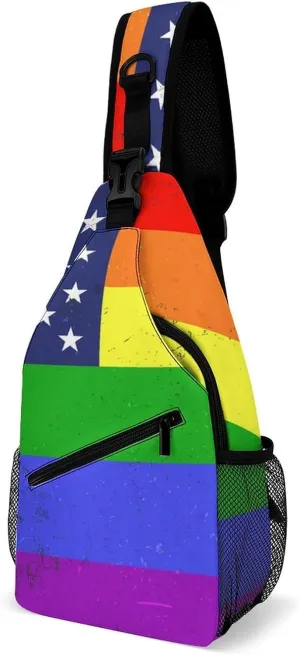 Supdreamc Men's Sling Backpack Packable Unbalance Shoulder Crossbody Bag Chest Pack - Us Rainbow Love Lgbt Pride American Flag Multipurpose Anti-Theft Backpacking Bag With Adjustable Shoulder Strap