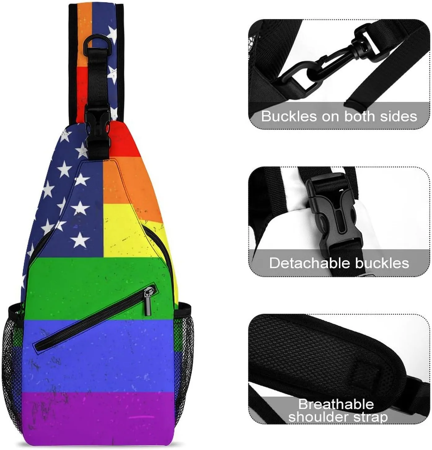 Supdreamc Men's Sling Backpack Packable Unbalance Shoulder Crossbody Bag Chest Pack - Us Rainbow Love Lgbt Pride American Flag Multipurpose Anti-Theft Backpacking Bag With Adjustable Shoulder Strap