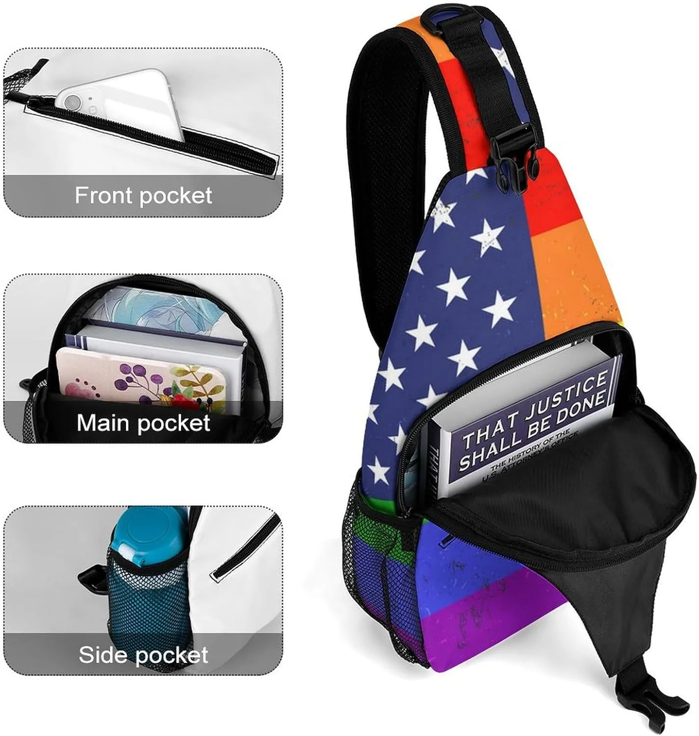 Supdreamc Men's Sling Backpack Packable Unbalance Shoulder Crossbody Bag Chest Pack - Us Rainbow Love Lgbt Pride American Flag Multipurpose Anti-Theft Backpacking Bag With Adjustable Shoulder Strap