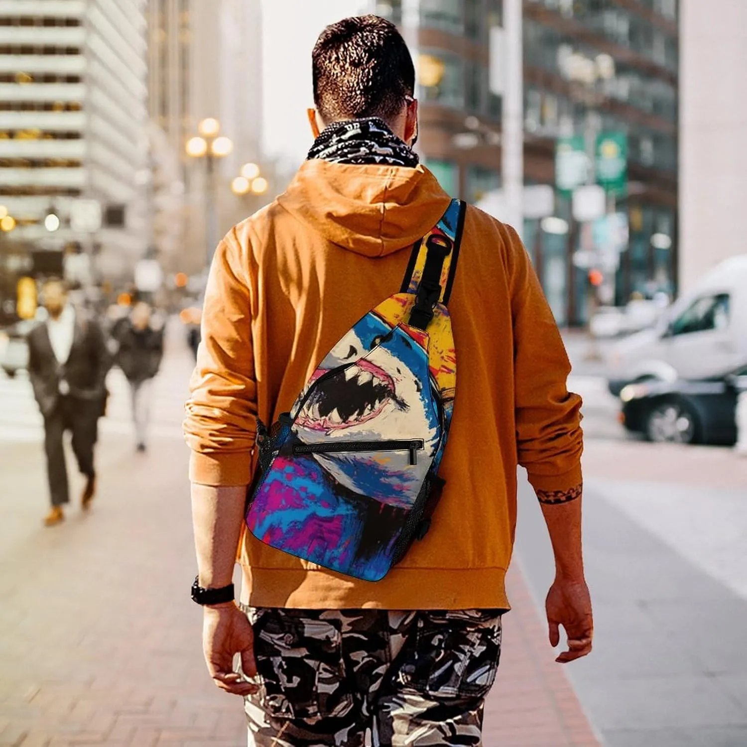 Supdreamc Sling Backpack for Women Men Multipurpose Anti-Theft Gym Crossbody Sack Satchel Outdoor Hiking Bag Tool Backpack, Cute Shark Graffiti Art Crossbody Daypacks Chest Packs