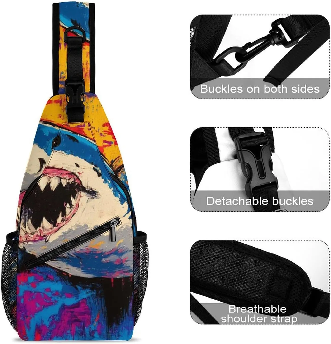 Supdreamc Sling Backpack for Women Men Multipurpose Anti-Theft Gym Crossbody Sack Satchel Outdoor Hiking Bag Tool Backpack, Cute Shark Graffiti Art Crossbody Daypacks Chest Packs