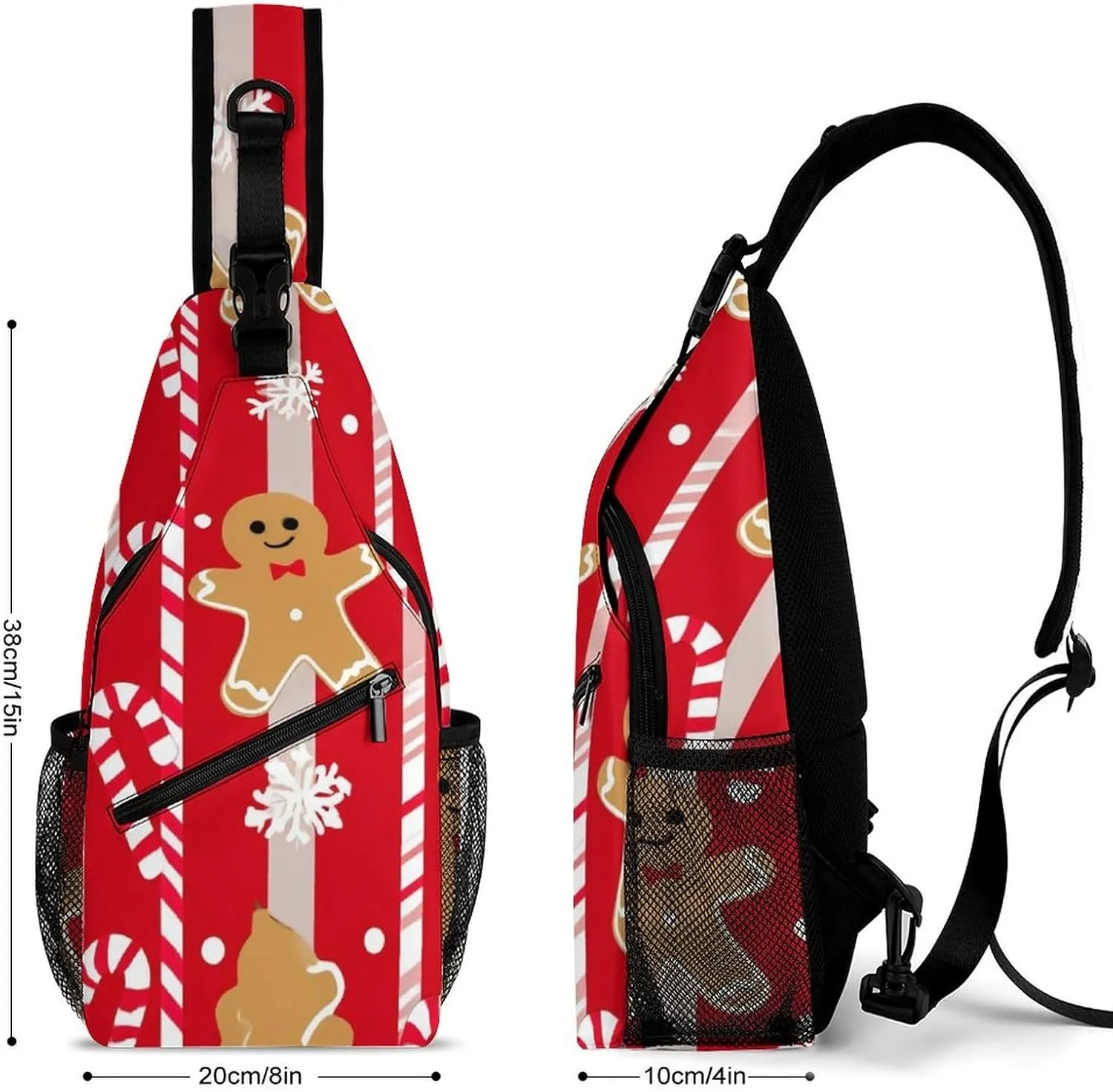 Supdreamc Sling Bag Backpack for Men Women Anti-Theft Multipurpose Casual Carrying Tote Case Crossbody Travel Bag Messenger Bag, Christmas Red Gingerbread Cookies Candy Canes Crossbody Sling Backpack