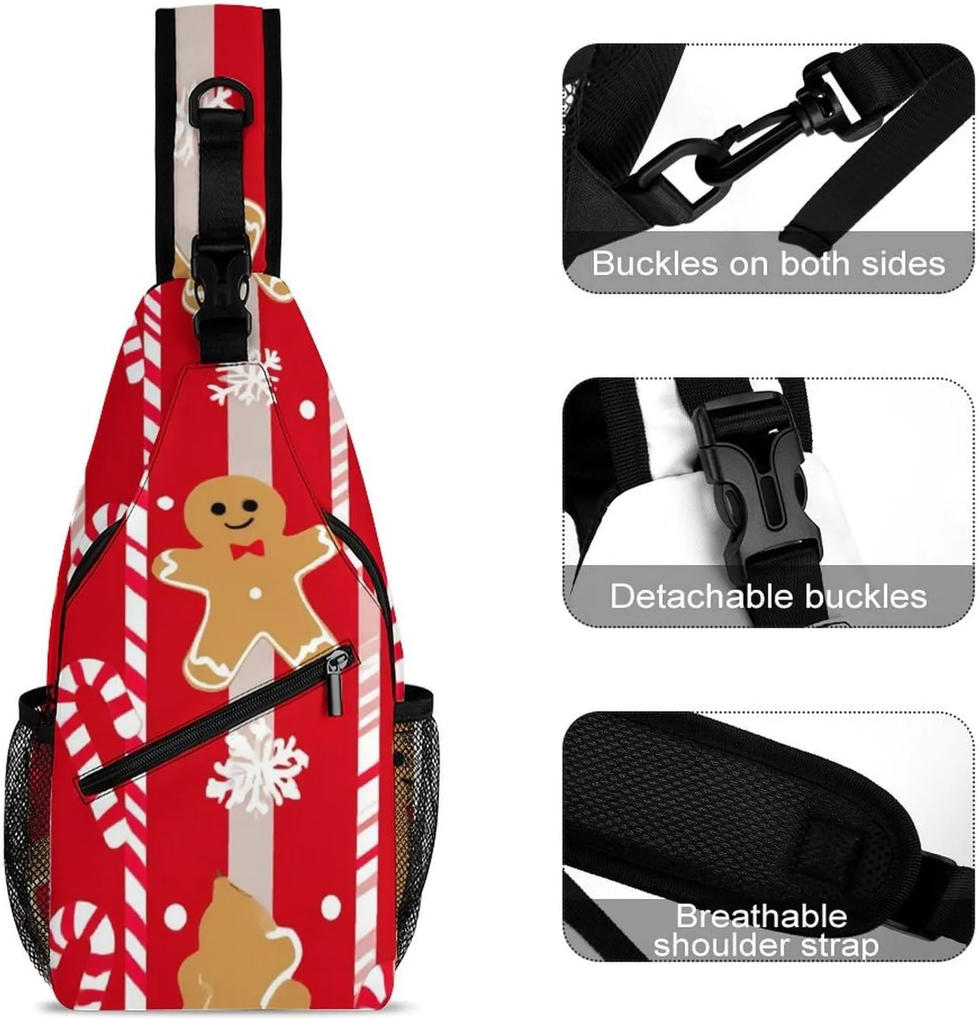 Supdreamc Sling Bag Backpack for Men Women Anti-Theft Multipurpose Casual Carrying Tote Case Crossbody Travel Bag Messenger Bag, Christmas Red Gingerbread Cookies Candy Canes Crossbody Sling Backpack