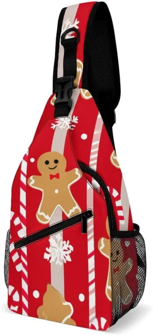 Supdreamc Sling Bag Backpack for Men Women Anti-Theft Multipurpose Casual Carrying Tote Case Crossbody Travel Bag Messenger Bag, Christmas Red Gingerbread Cookies Candy Canes Crossbody Sling Backpack
