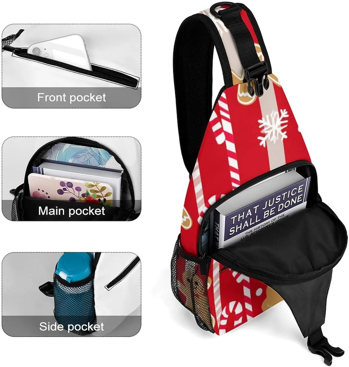 Supdreamc Sling Bag Backpack for Men Women Anti-Theft Multipurpose Casual Carrying Tote Case Crossbody Travel Bag Messenger Bag, Christmas Red Gingerbread Cookies Candy Canes Crossbody Sling Backpack