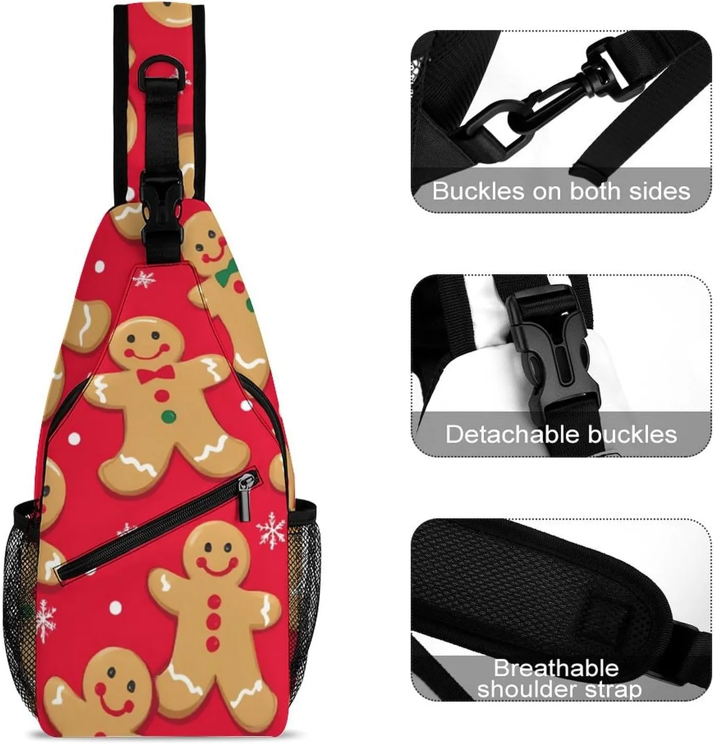 Supdreamc Sling Bag Backpack for Women Men Multipurpose Anti-Theft Gym Crossbody Sack Satchel Outdoor Hiking Backpack, Christmas Red Polka Dots Snowflakes Gingerbread Cookies Chest Day Bag