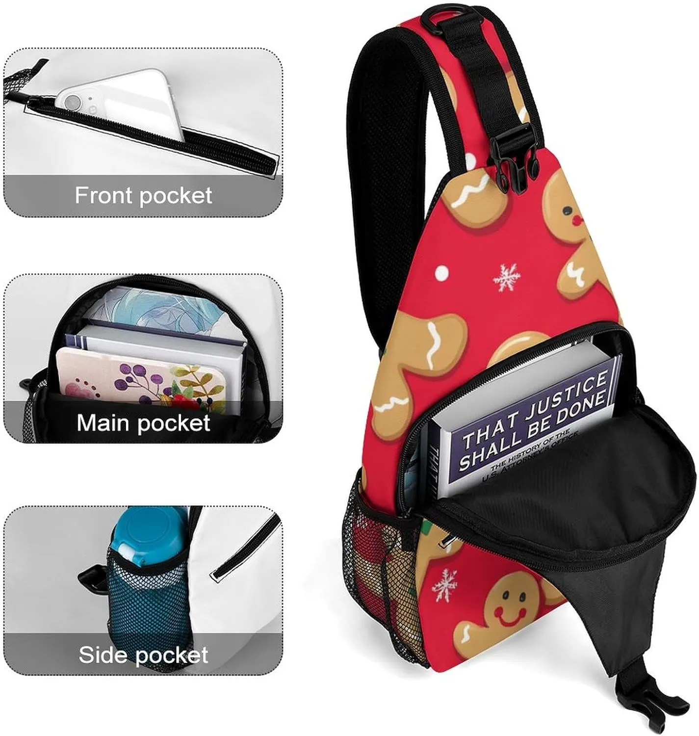 Supdreamc Sling Bag Backpack for Women Men Multipurpose Anti-Theft Gym Crossbody Sack Satchel Outdoor Hiking Backpack, Christmas Red Polka Dots Snowflakes Gingerbread Cookies Chest Day Bag