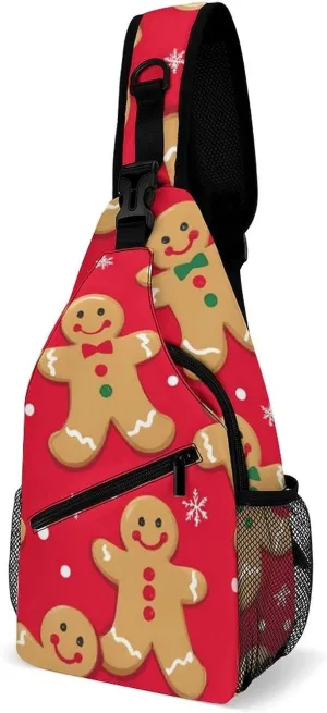 Supdreamc Sling Bag Backpack for Women Men Multipurpose Anti-Theft Gym Crossbody Sack Satchel Outdoor Hiking Backpack, Christmas Red Polka Dots Snowflakes Gingerbread Cookies Chest Day Bag