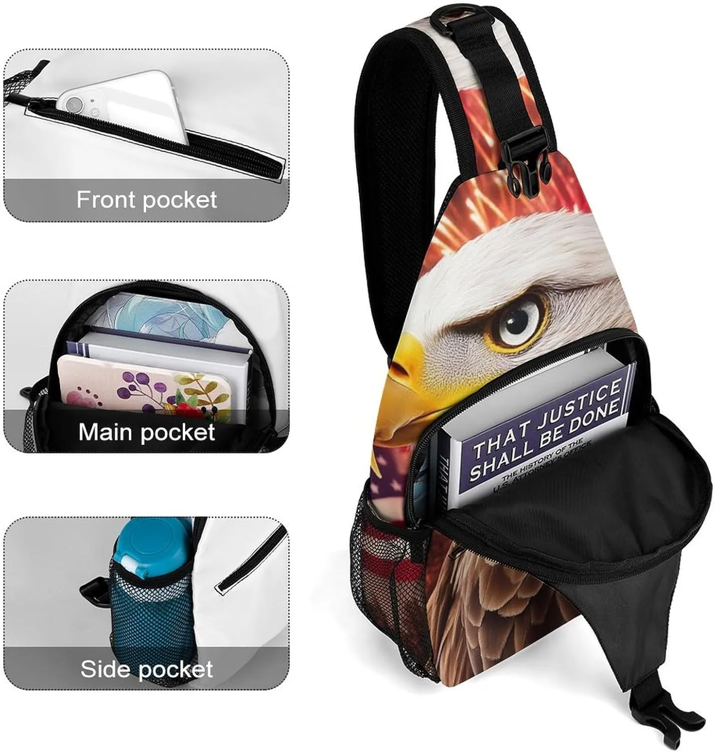 Supdreamc Sling Shoulder Backpack for Women Men Multipurpose Anti-Theft Casual Carrying Tote Case Crossbody Travel Bag Tactical Satchel, Bald Eagle American Flag Fireworks Art Rucksack