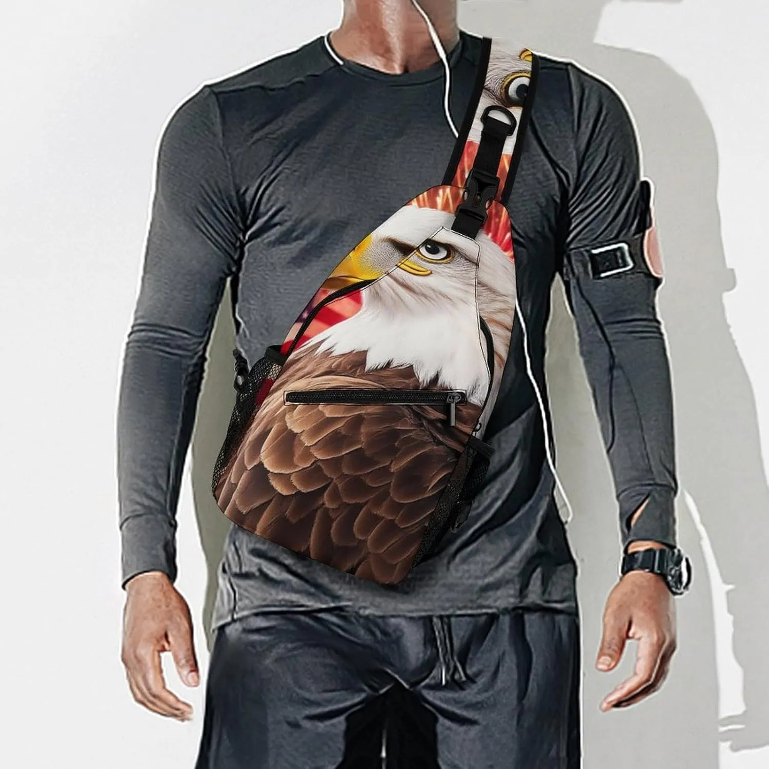 Supdreamc Sling Shoulder Backpack for Women Men Multipurpose Anti-Theft Casual Carrying Tote Case Crossbody Travel Bag Tactical Satchel, Bald Eagle American Flag Fireworks Art Rucksack